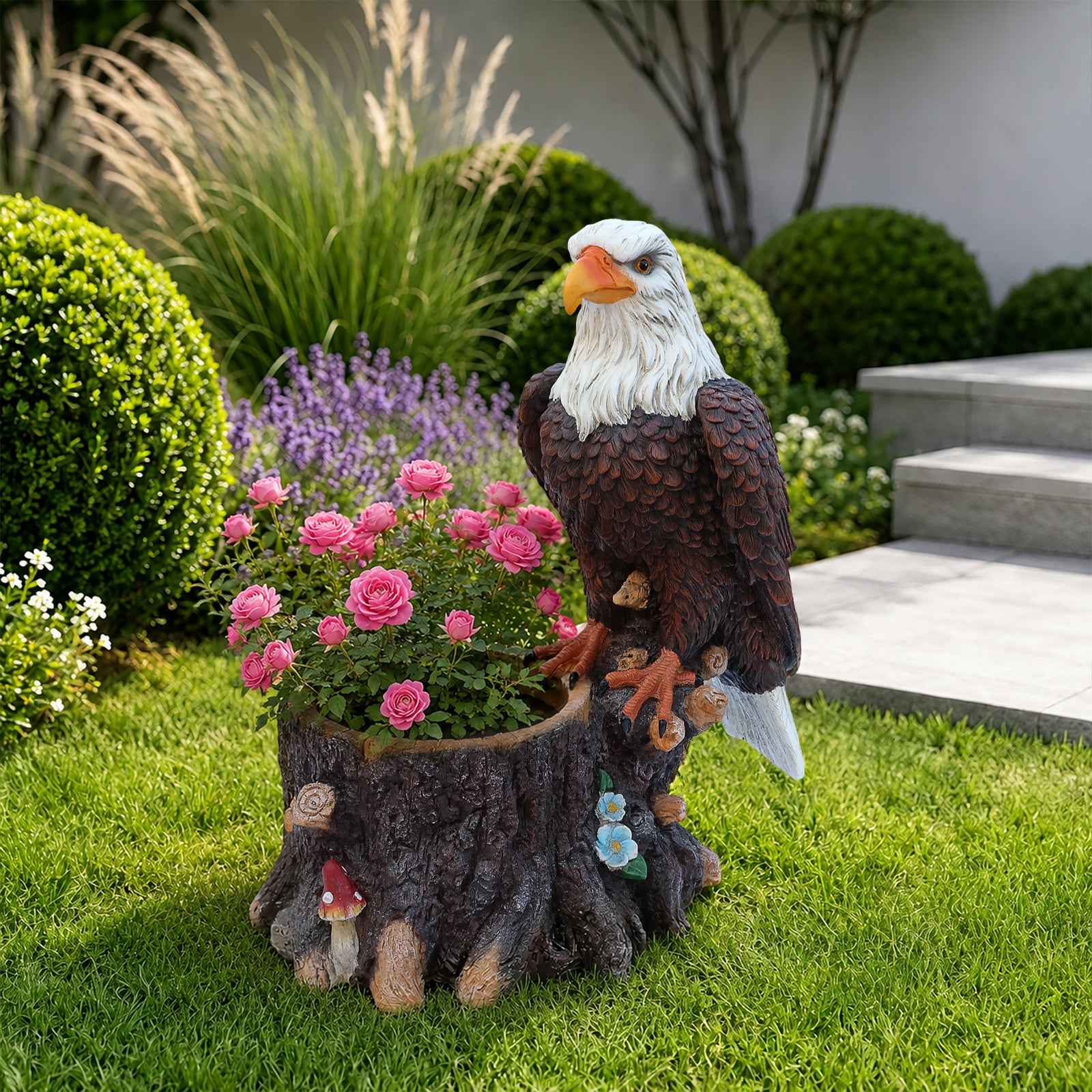 Realistic Standing Eagle Garden Planter on Tree Stump - Durable Polyresin Decorative Wildlife Flower Pot for Outdoor Lawn & Patio Decor