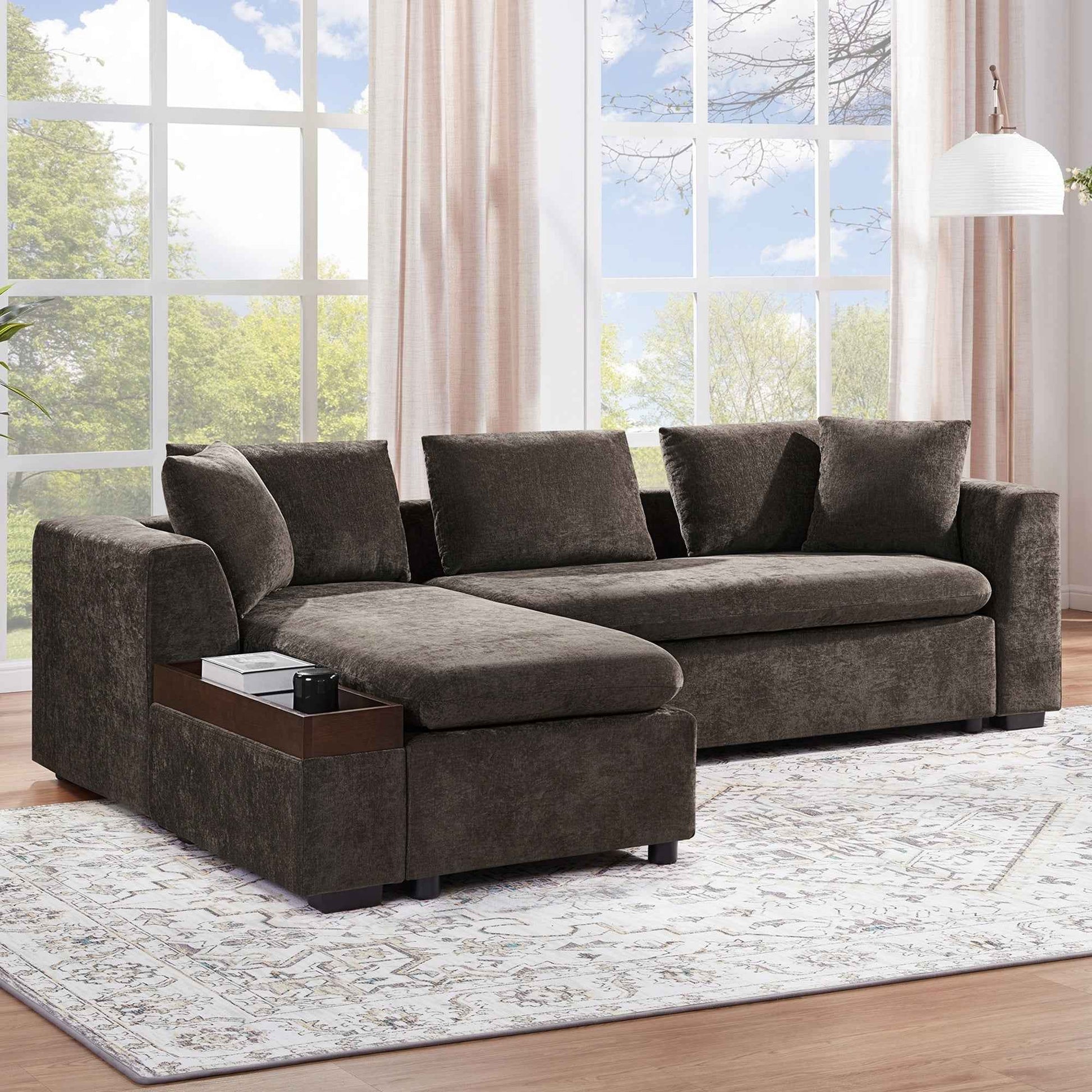 Elegant L-Shaped Sectional Sofa with Chenille Upholstery and Wooden Storage Compartment, Brown