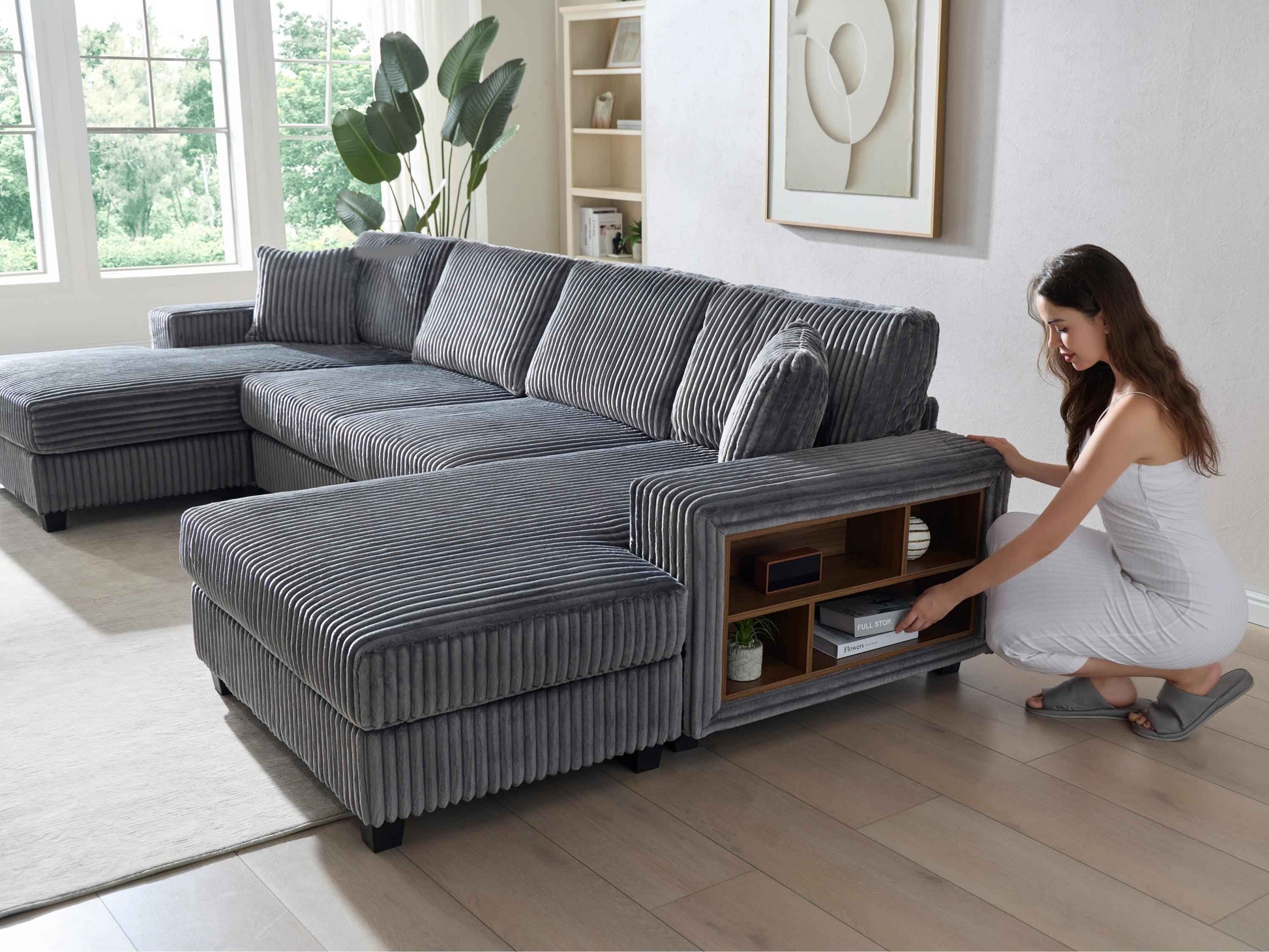 Convertible U-shaped Combination Sofa, Corduroy Fabric, Modern Comfortable Large Size 4 Seat Sofa, Living Room Double Lounge Chair , Dark Grey