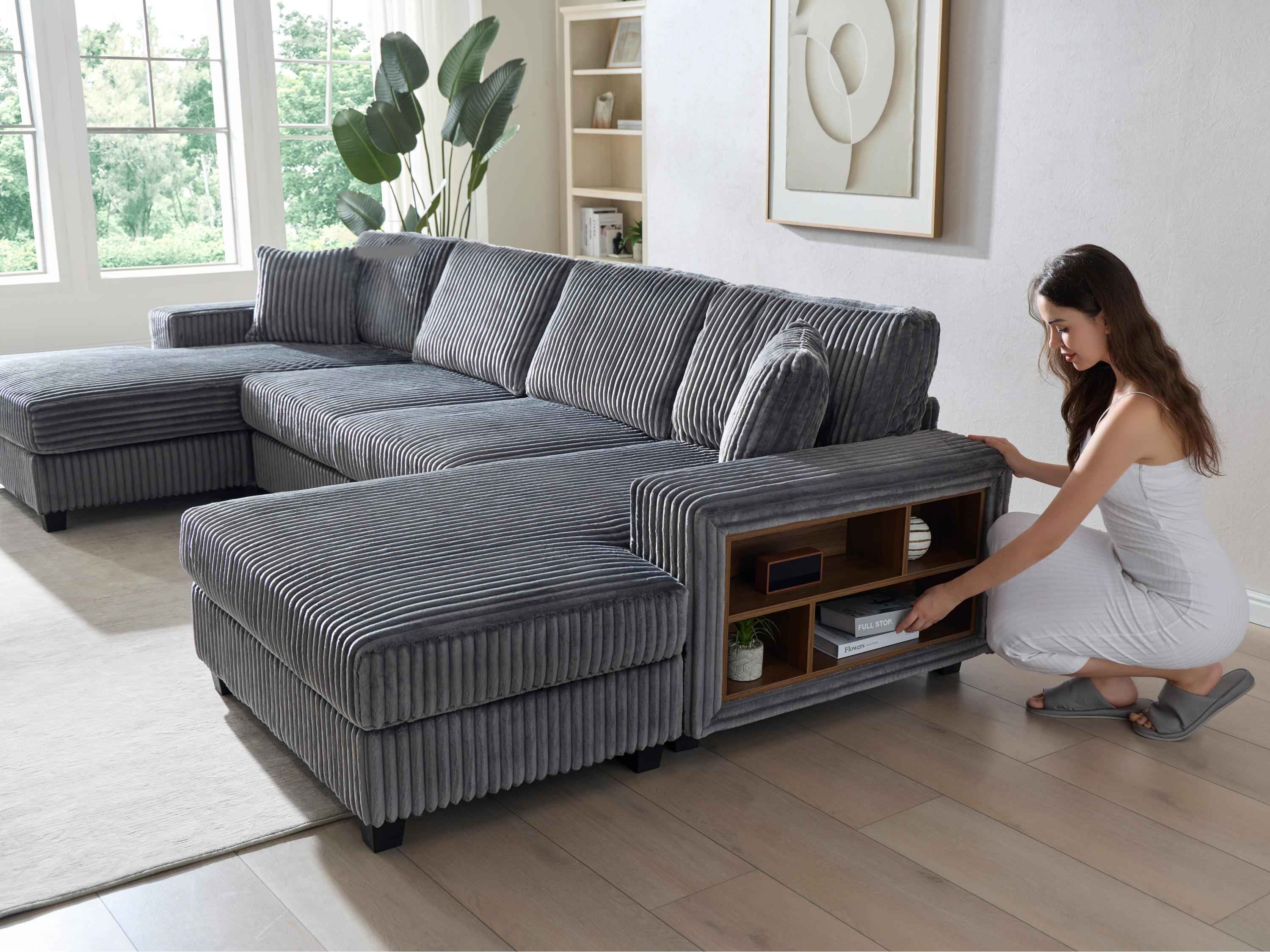 Convertible U-shaped Combination Sofa, Corduroy Fabric, Modern Comfortable Large Size 4 Seat Sofa, Living Room Double Lounge Chair , Dark Grey