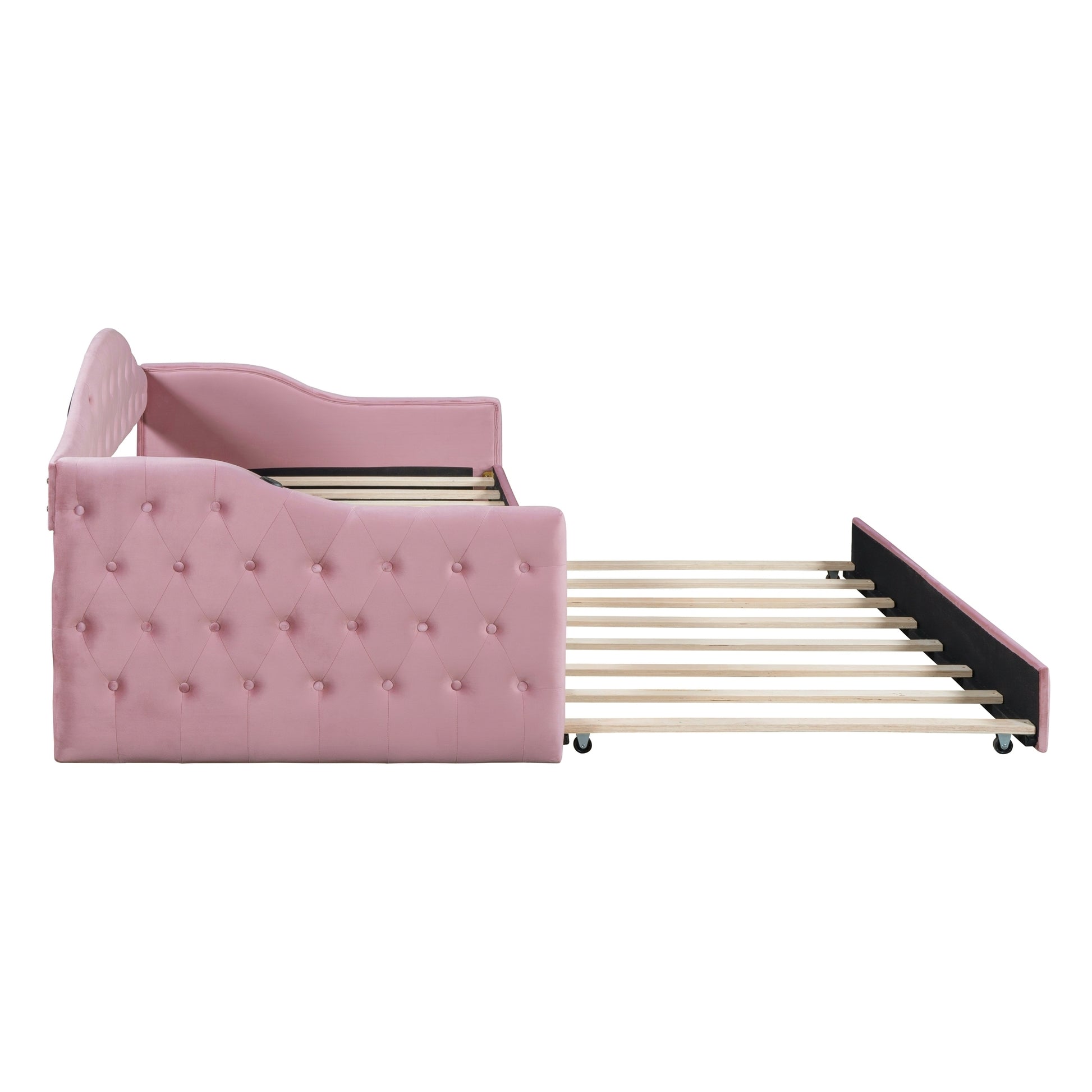 Twin Size Tufted Upholstered Daybed with Trundle ,Velvet Sofabed with USB&Type-C Charging Ports,No Box-spring Needed, Pink - Abrihome