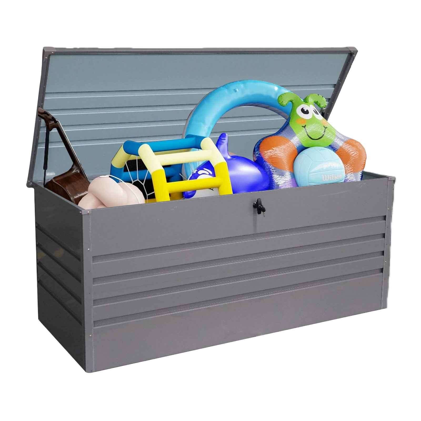 260 Gallon Metal Outdoor Deck Box Waterproof, Extra Large Patio Storage Box with Lockable Storage Containers for Patio Furniture Cushions, Pool Accessories, Garden Tools Light Gray