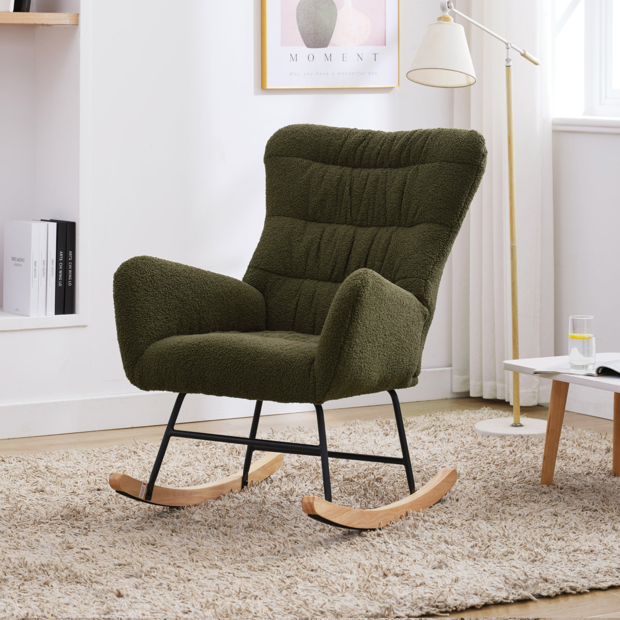 Nursery Rocking Chair, Teddy Upholstered Glider Rocker, Rocking Accent Chair with High Backrest, Comfy Rocking Accent Armchair for Living Room, Bedroom, Offices, DARK GREEN