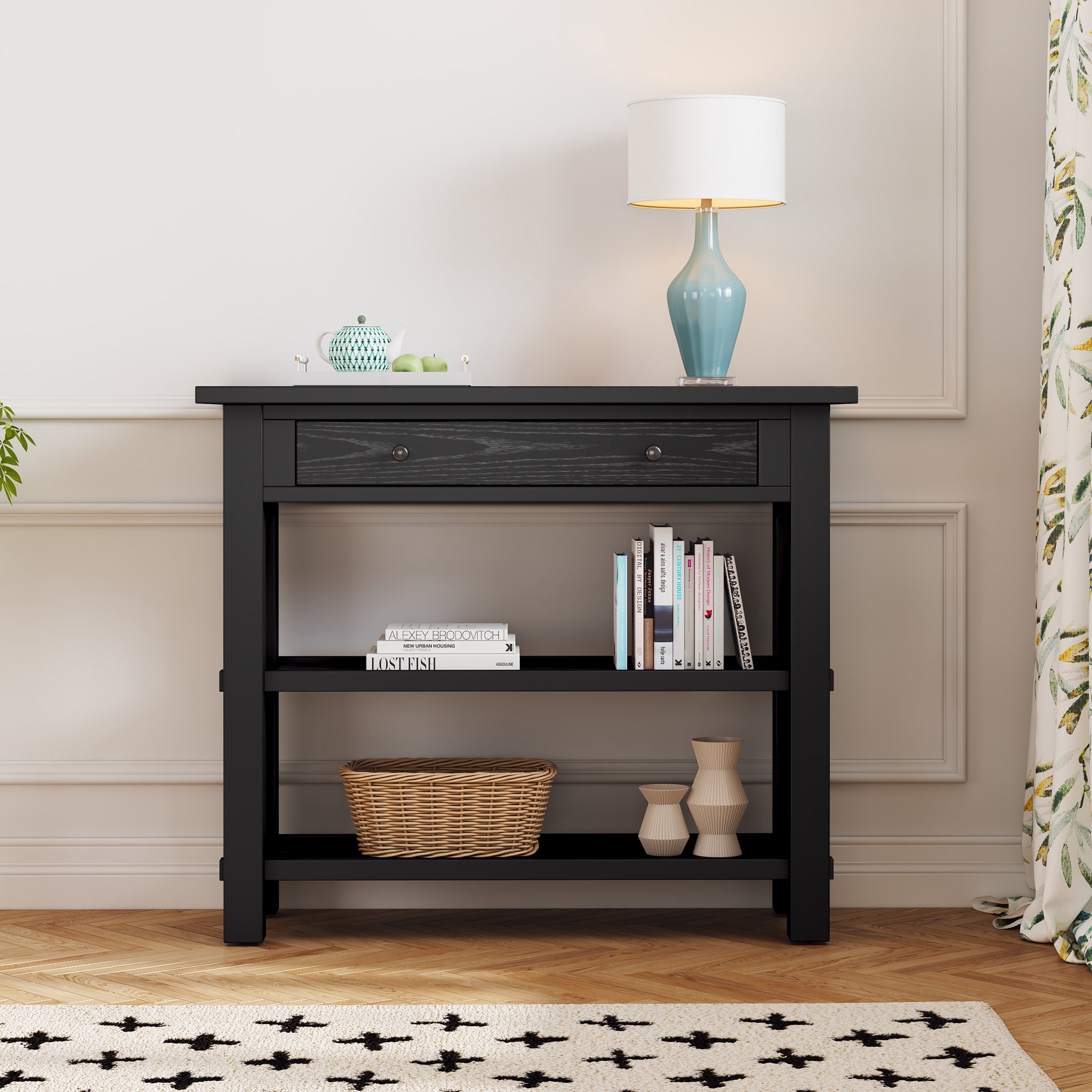 TREXM Retro Console Table with Drawer and Two Sturdy Shelves for Entryway, Living Room (Black)