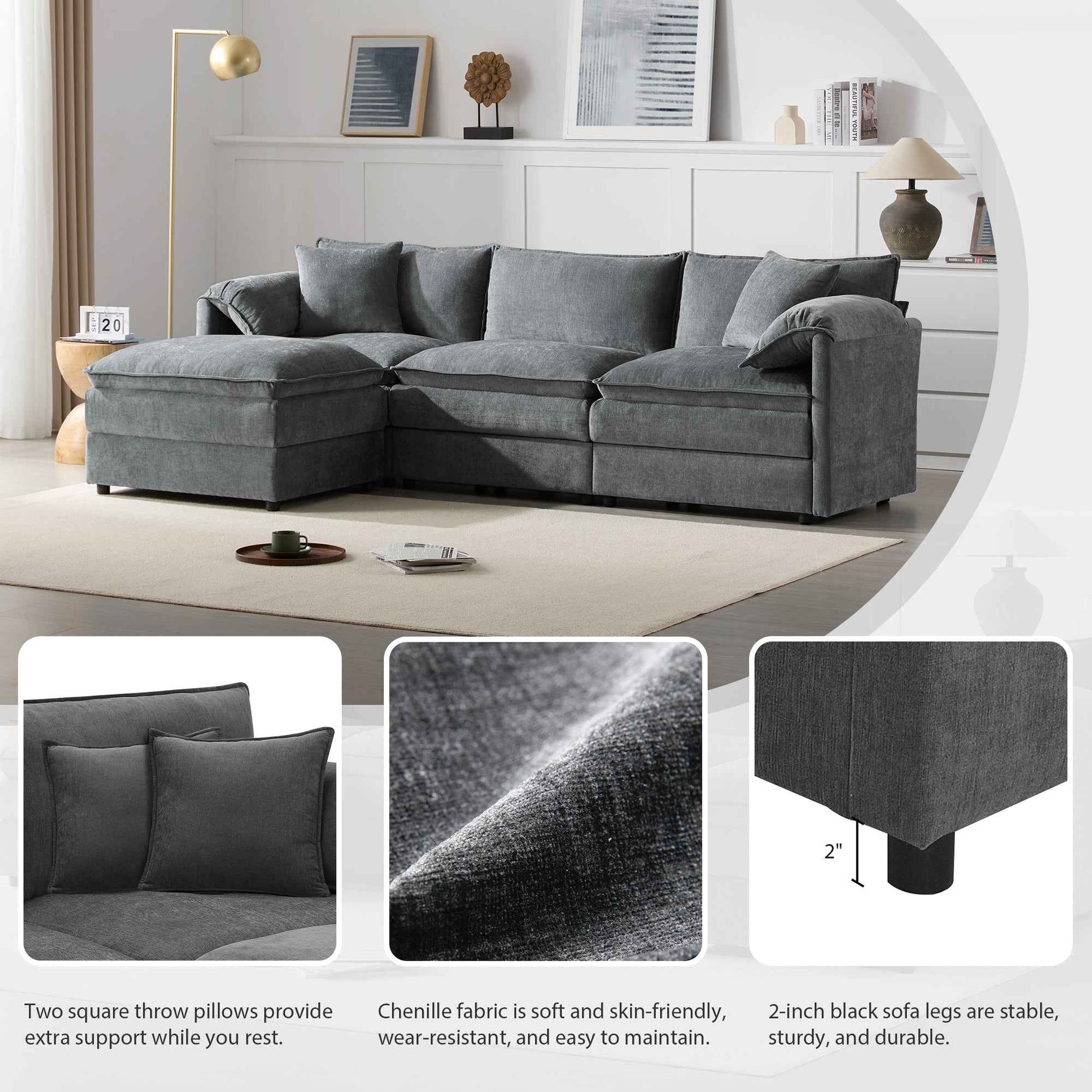 Chenille Modular Sectional Sofa with Deep and Wide Seat in Dark Gray, L Shaped Cloud Couch Set with Double Cushions, 4 Seat Sofa with Movable Ottoman