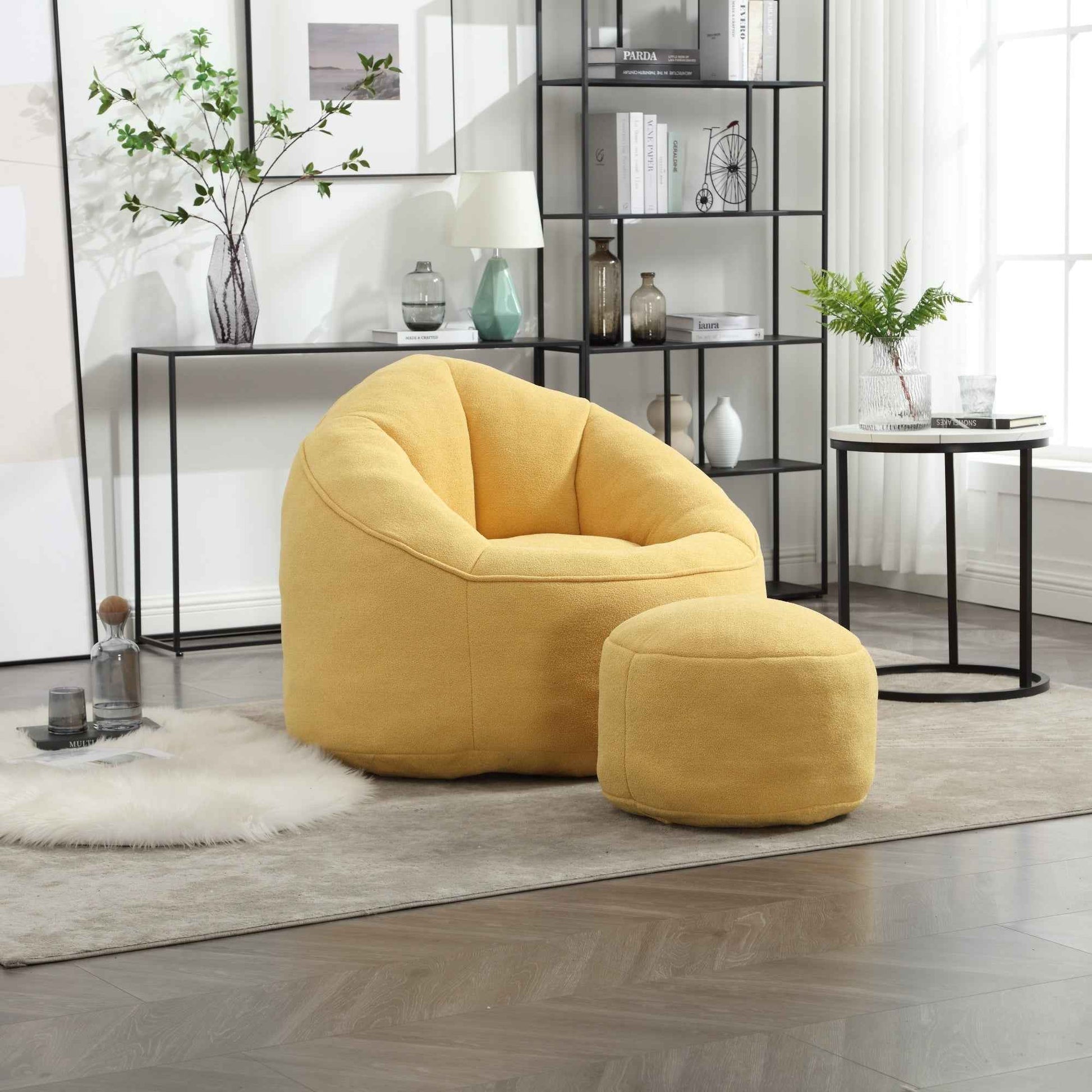 Bedding Bean Bag Sofa Chair with High-Pressure Foam and Footrest, Yellow Microfiber