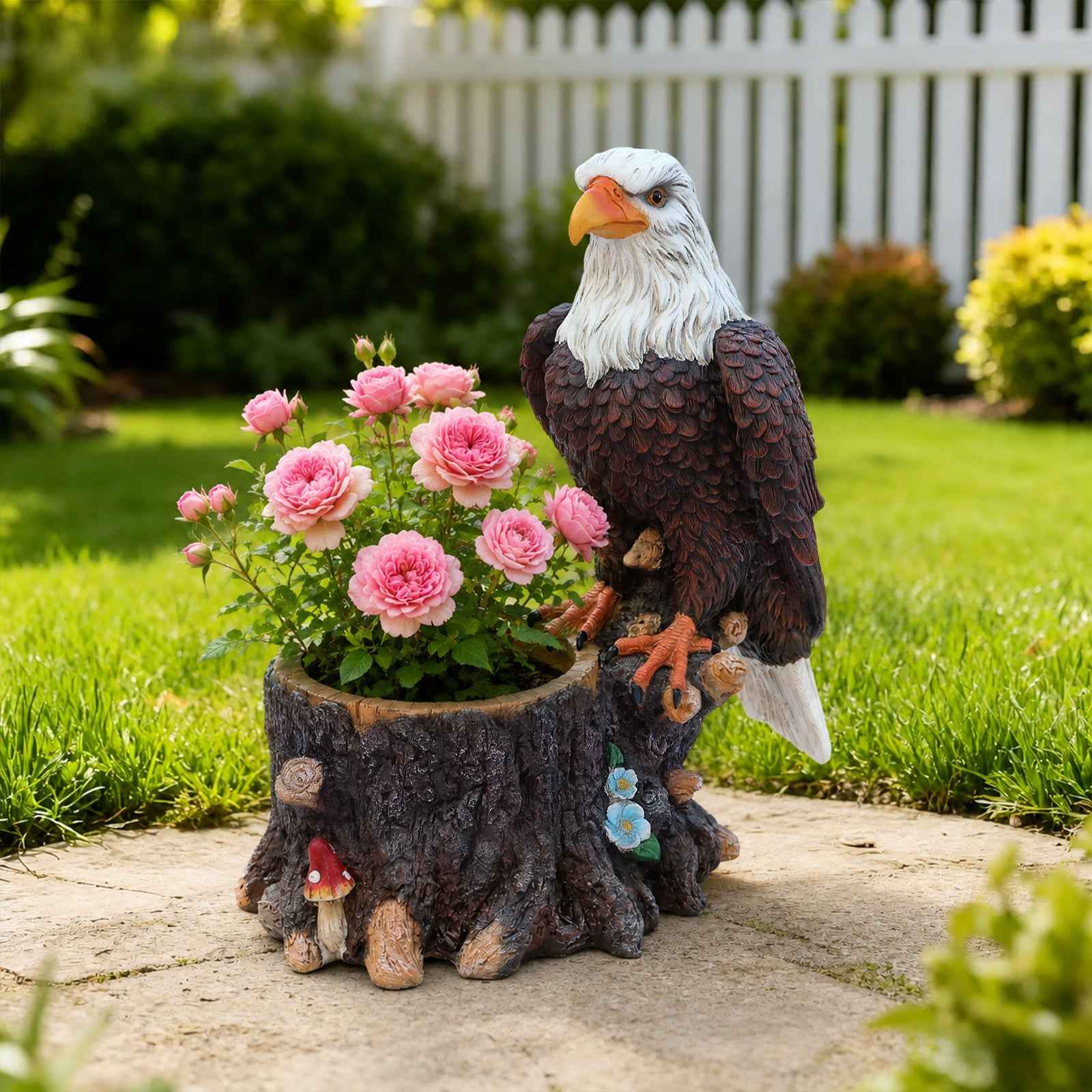 Realistic Standing Eagle Garden Planter on Tree Stump - Durable Polyresin Decorative Wildlife Flower Pot for Outdoor Lawn & Patio Decor