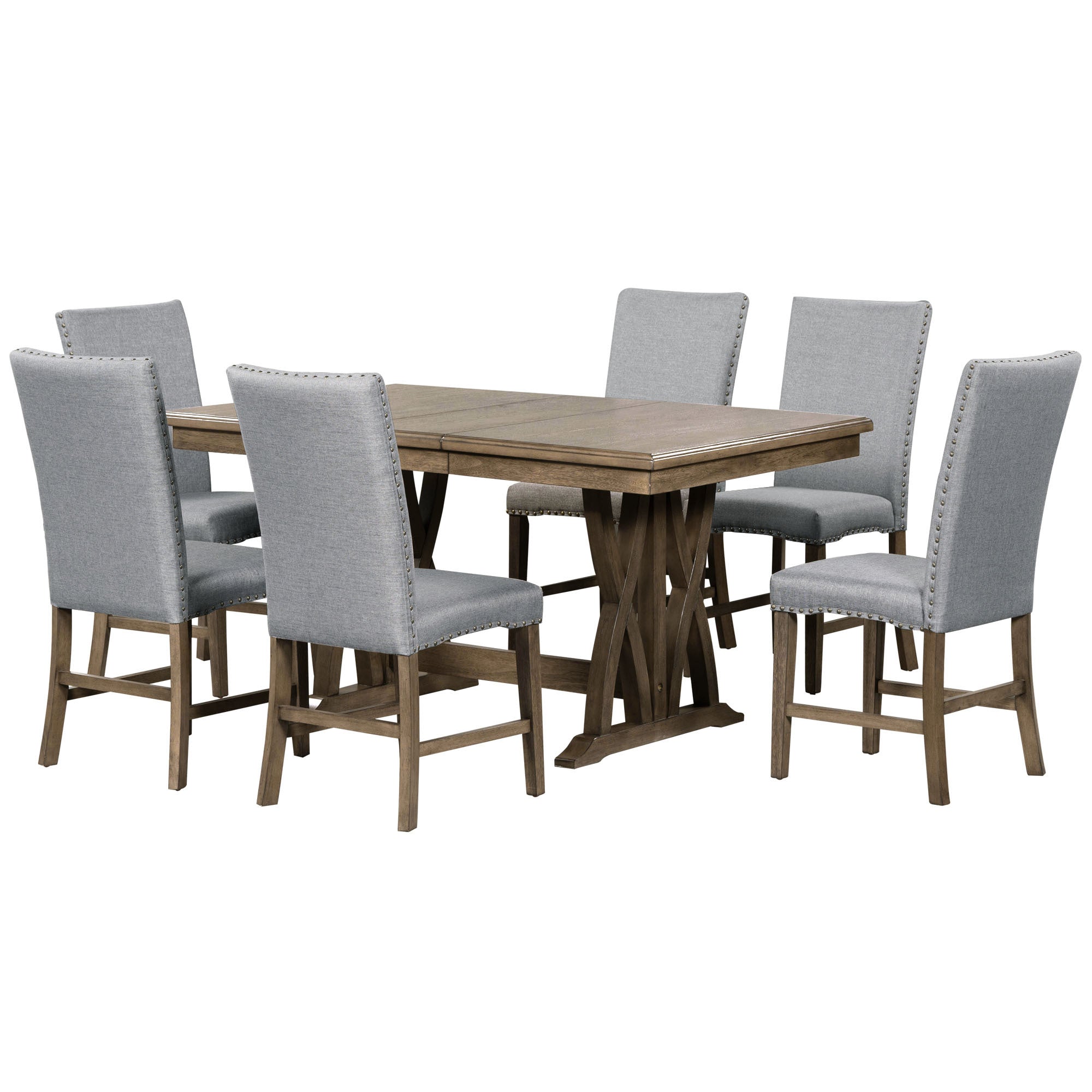 TOPMAX Mid-Century Solid Wood 7-Piece Dining Table Set Extendable Kitchen Table Set with Upholstered Chairs and 12" Leaf for 6, Golden Brown+Gray Cushion