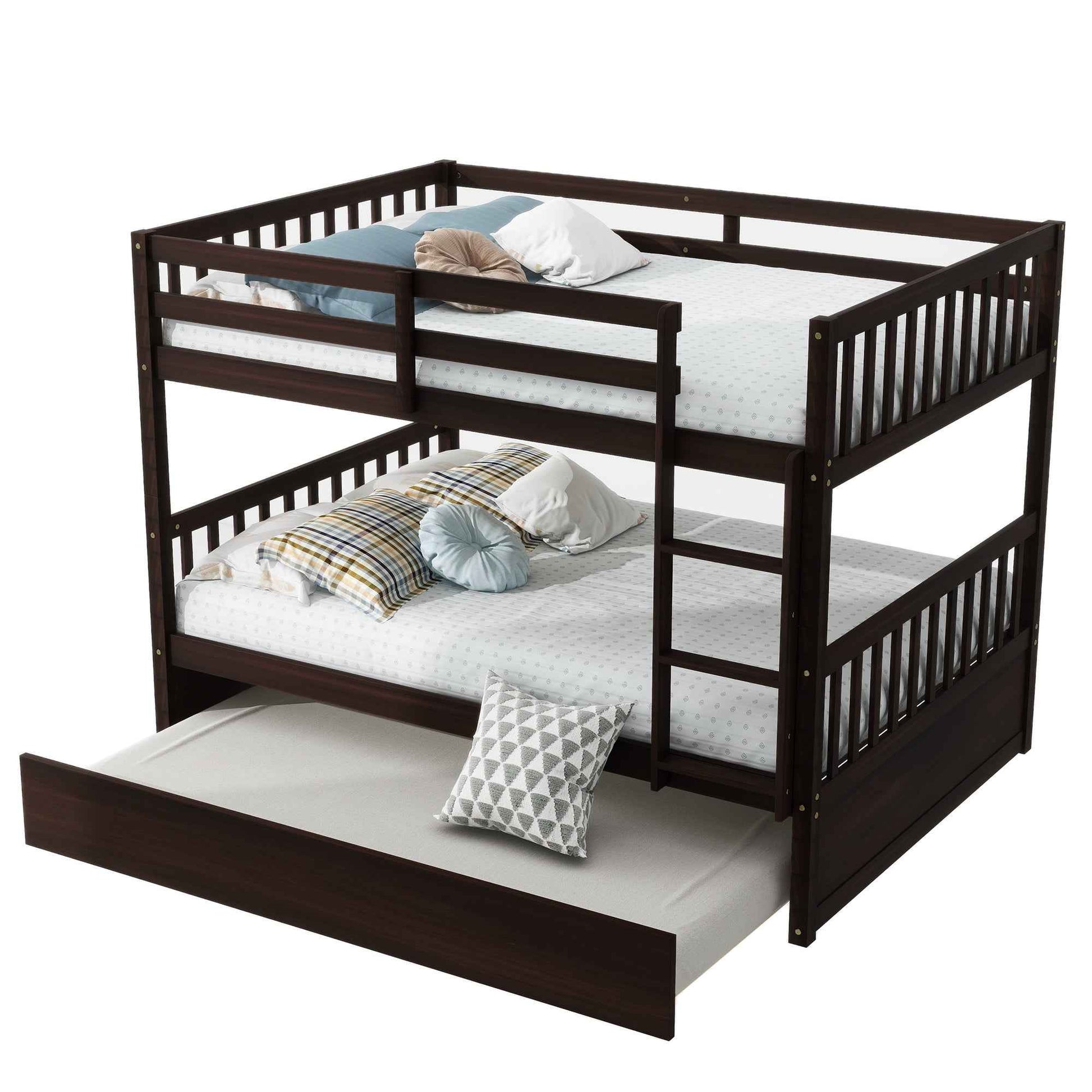 Full Over Full Rubber Wood Bunk Bed with Trundle, Ladder and Guardrails, Convertible to 2 Full Size Beds, with Twin Size Trundle ,Espresso
