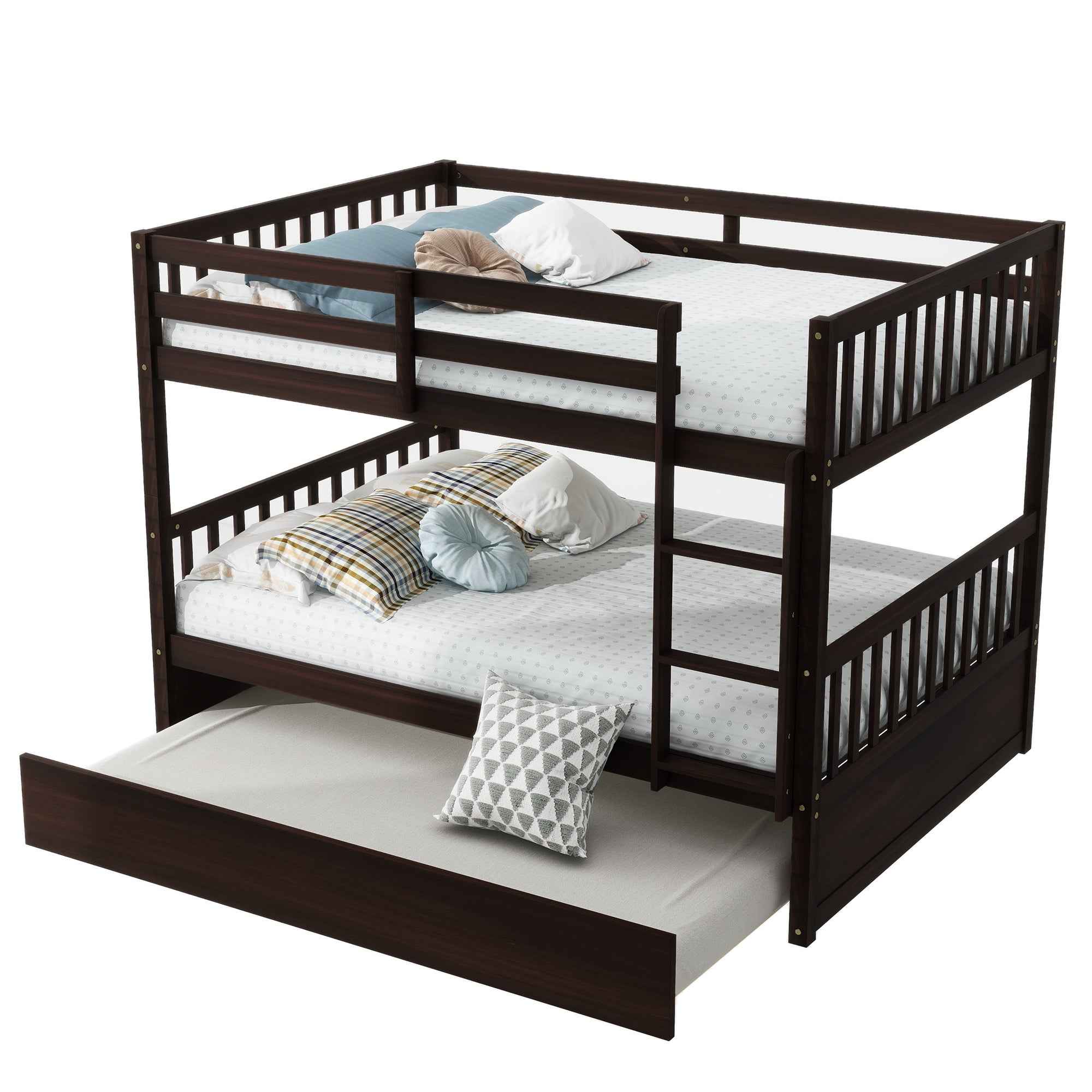 Full Over Full Rubber Wood Bunk Bed with Trundle, Ladder and Guardrails, Convertible to 2 Full Size Beds, with Twin Size Trundle ,Espresso