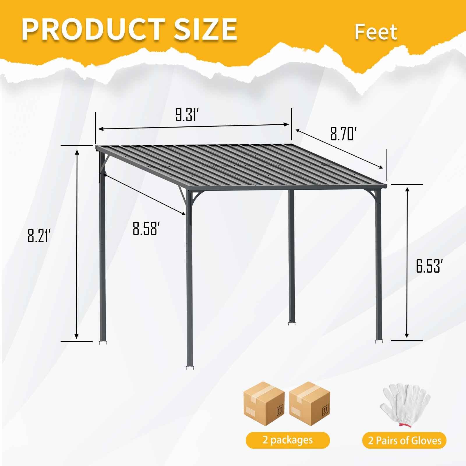 Outdoor Pergola 8' x 10' Metal Inclined Roof Pergolas Waterproof Wall-mounted iron sheet shed Gazebo for Patio,Garden,Yard
