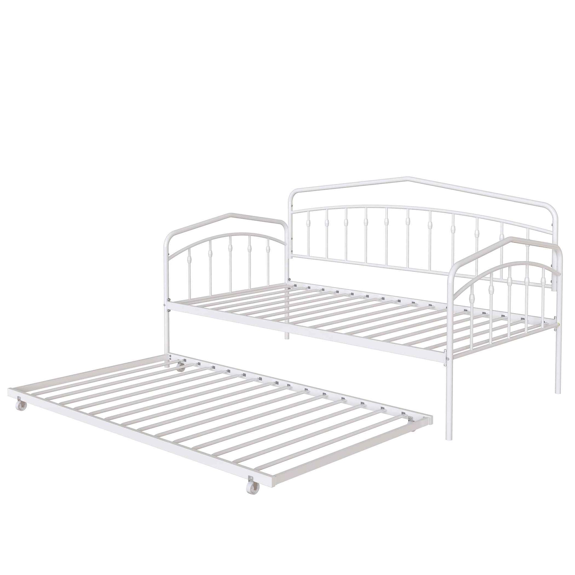 Fox Twin Metal Daybed with Trundle Bed Frame Set, Easy Assembly, Space Saving, Heavy Duty Metal Slat Support, Sofa Bed for Living Room, Bedroom, Guest Room, Kids Room, White