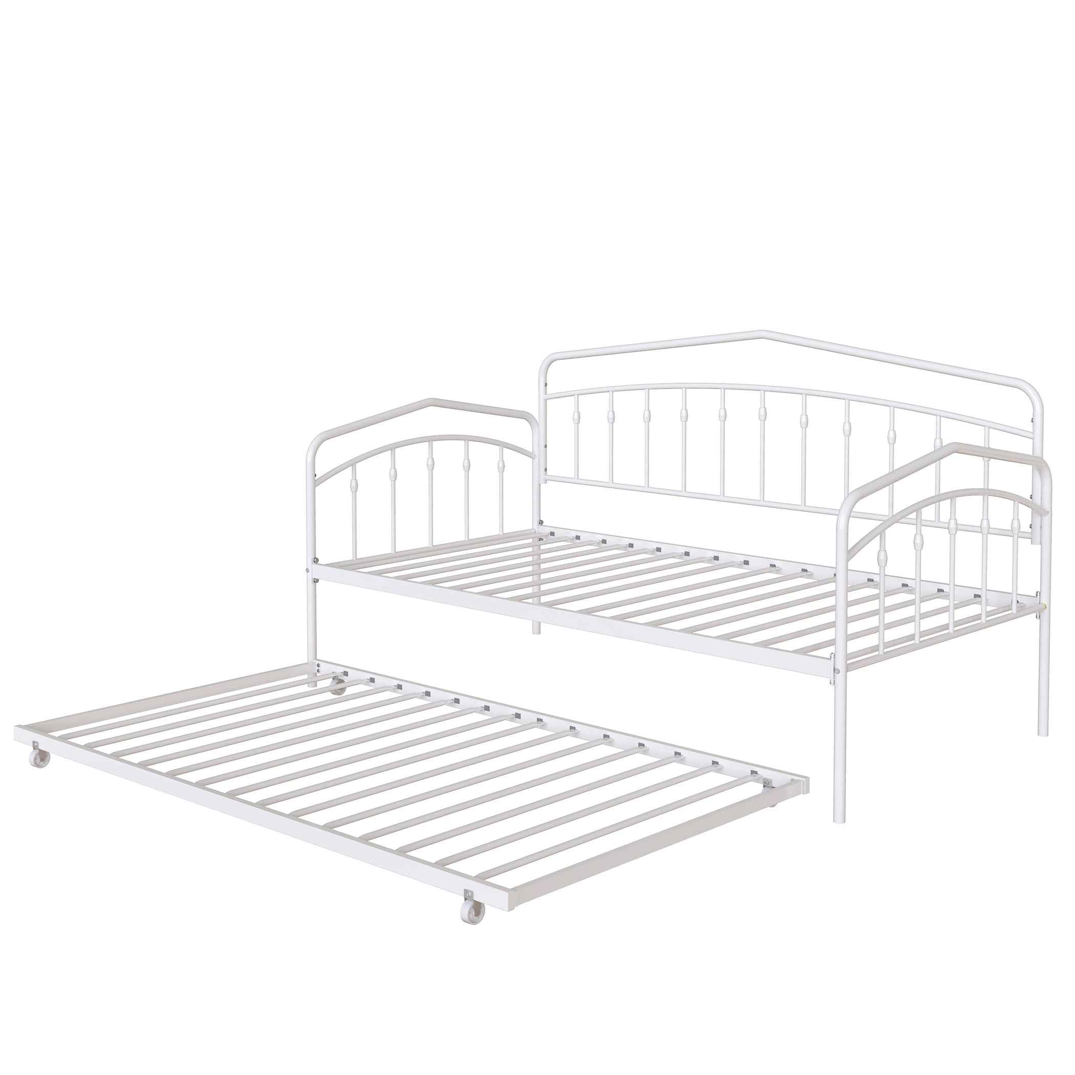 Fox Twin Metal Daybed with Trundle Bed Frame Set, Easy Assembly, Space Saving, Heavy Duty Metal Slat Support, Sofa Bed for Living Room, Bedroom, Guest Room, Kids Room, White