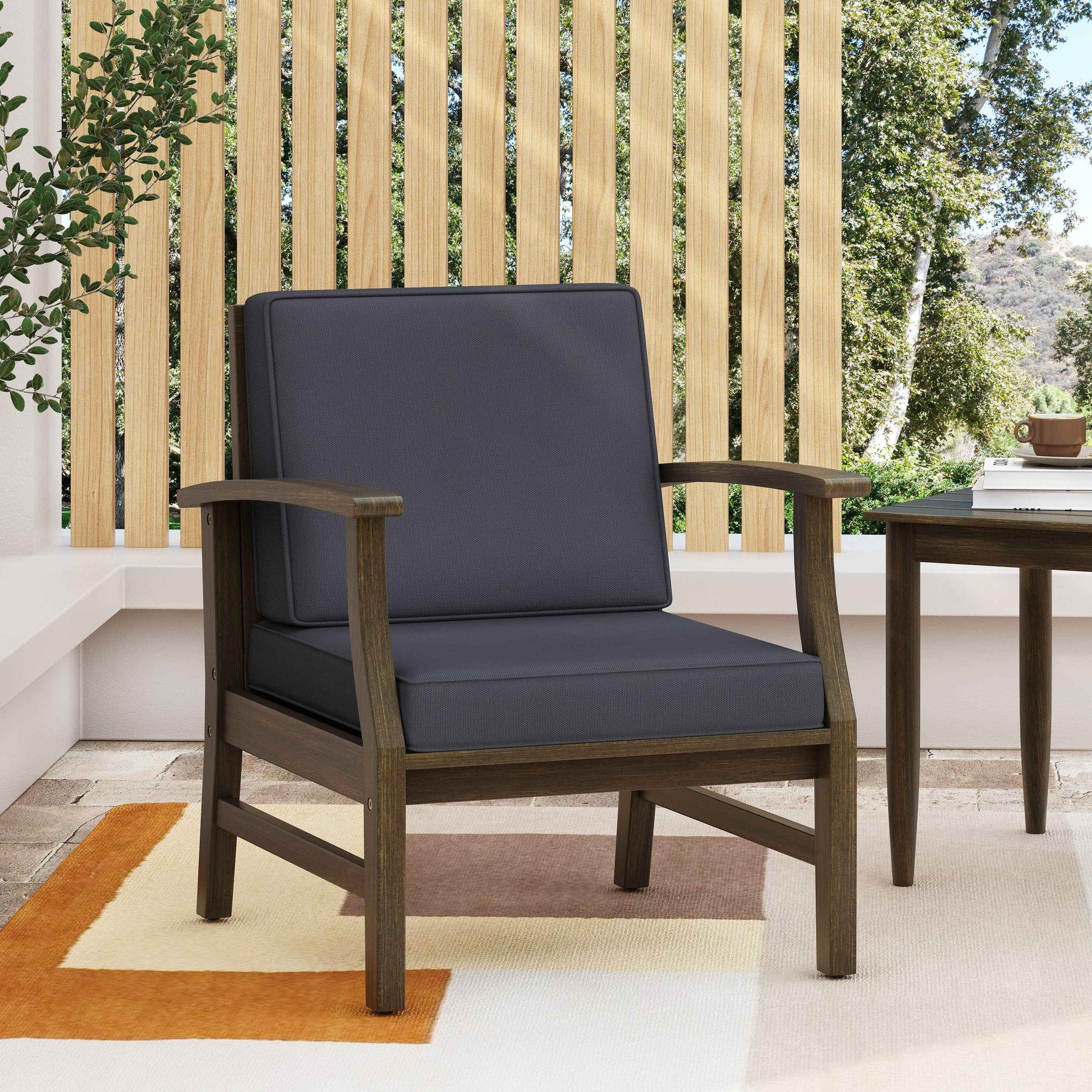 Enchanting Outdoor Club Chair with Slat Panel Design and Water Resistant Cushion, Dark Grey