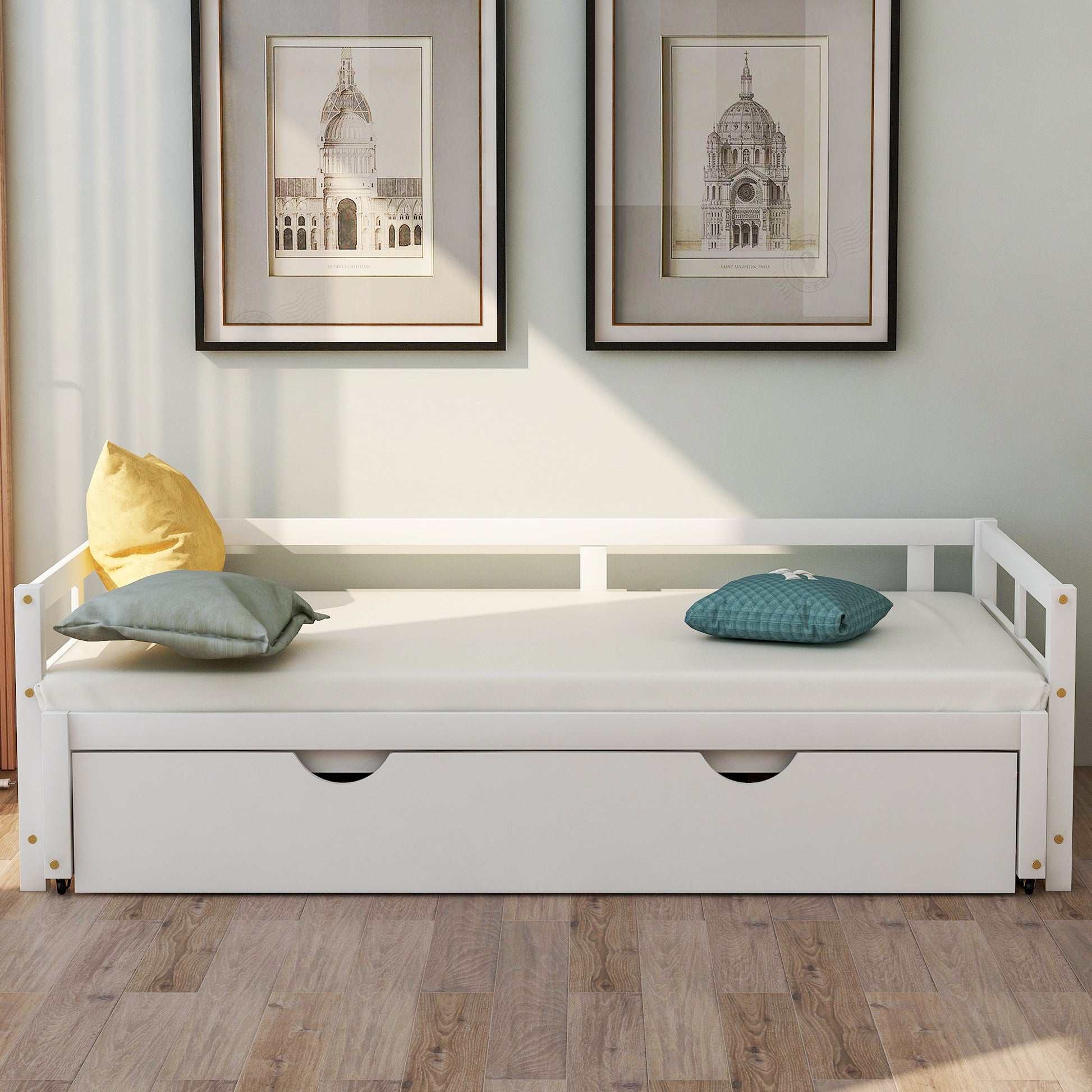 Extending Daybed with Trundle, Wooden Daybed with Trundle, White - Abrihome