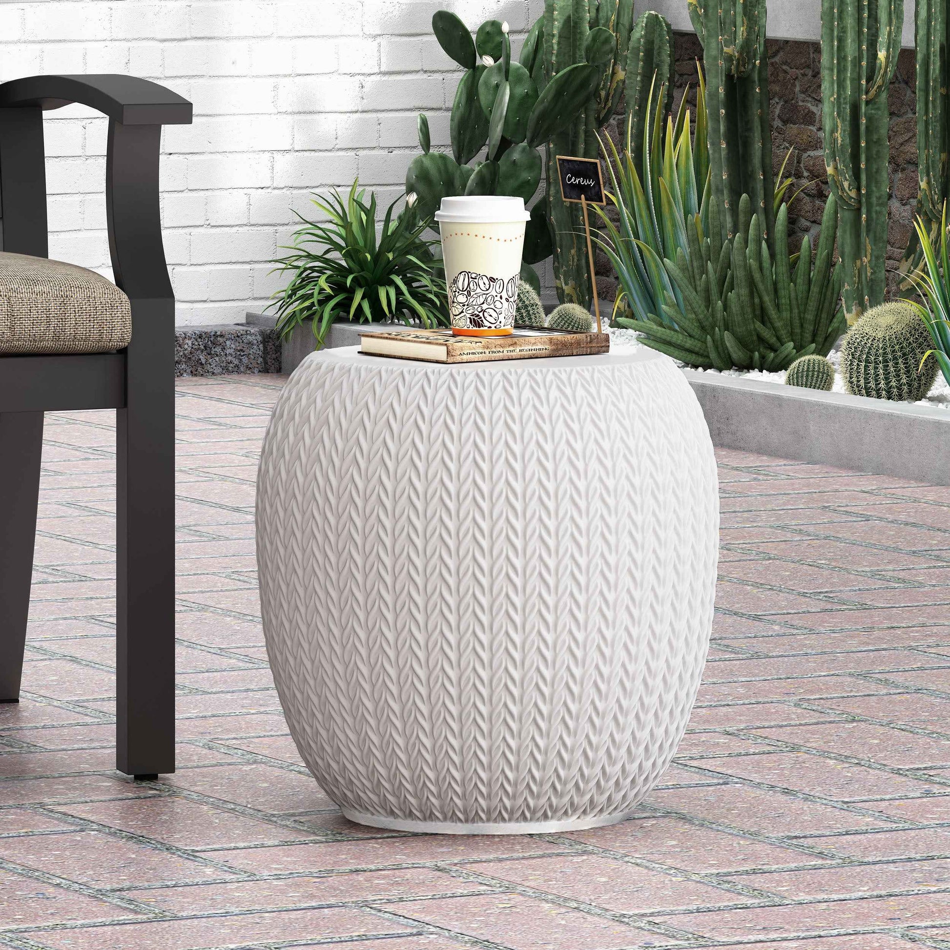 Elegant Outdoor Lightweight Concrete Side Table with Braided Pattern in Antique White