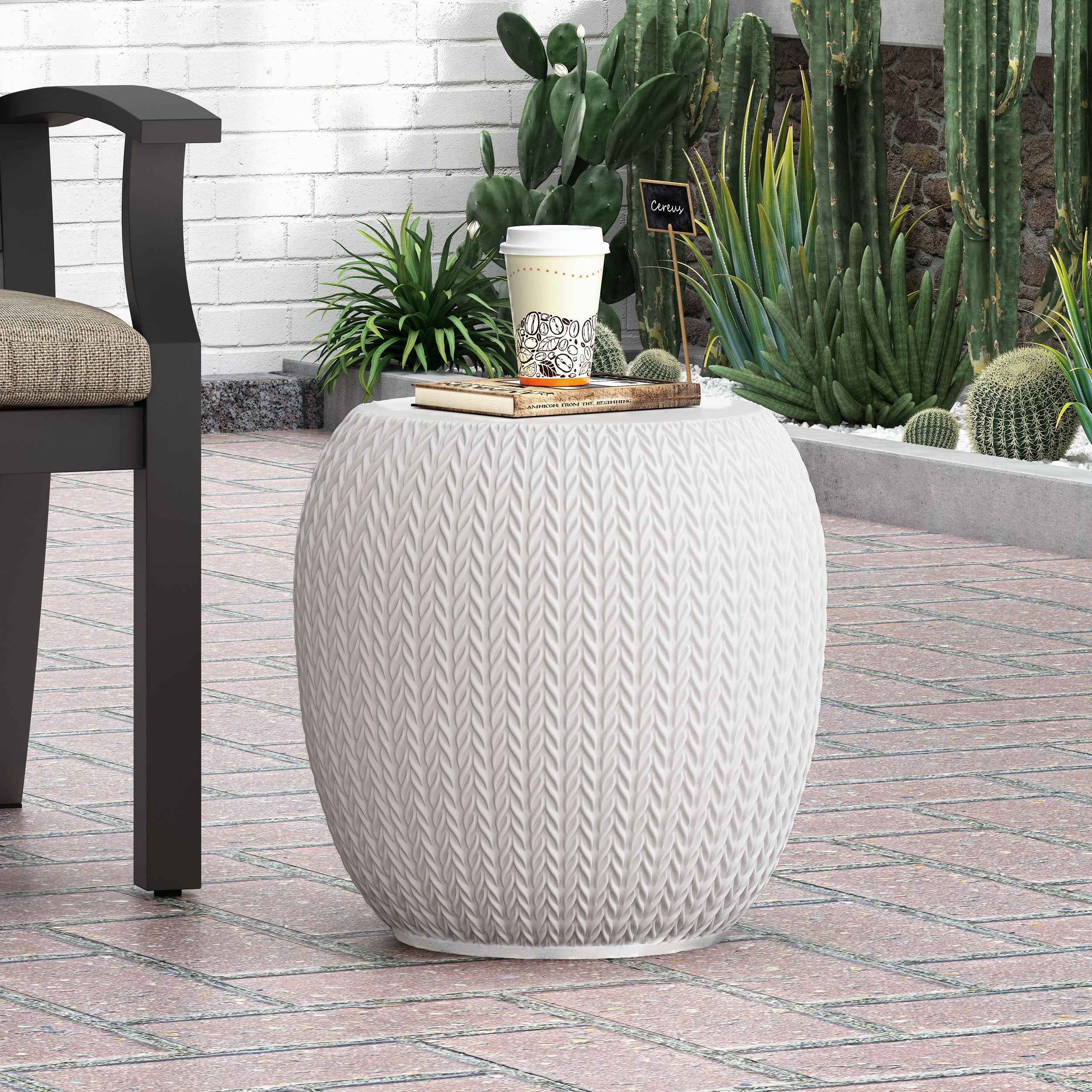 Elegant Outdoor Lightweight Concrete Side Table with Braided Pattern in Antique White