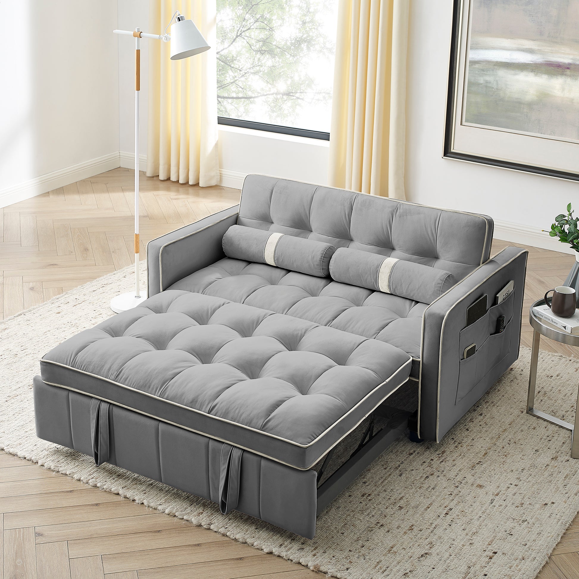 Modern 55.5' Pull Out Sleep Sofa Bed 2 Seater Loveseats Sofa Couch with side pockets, Adjsutable Backrest and Lumbar Pillows for Apartment Office Living Room - Abrihome