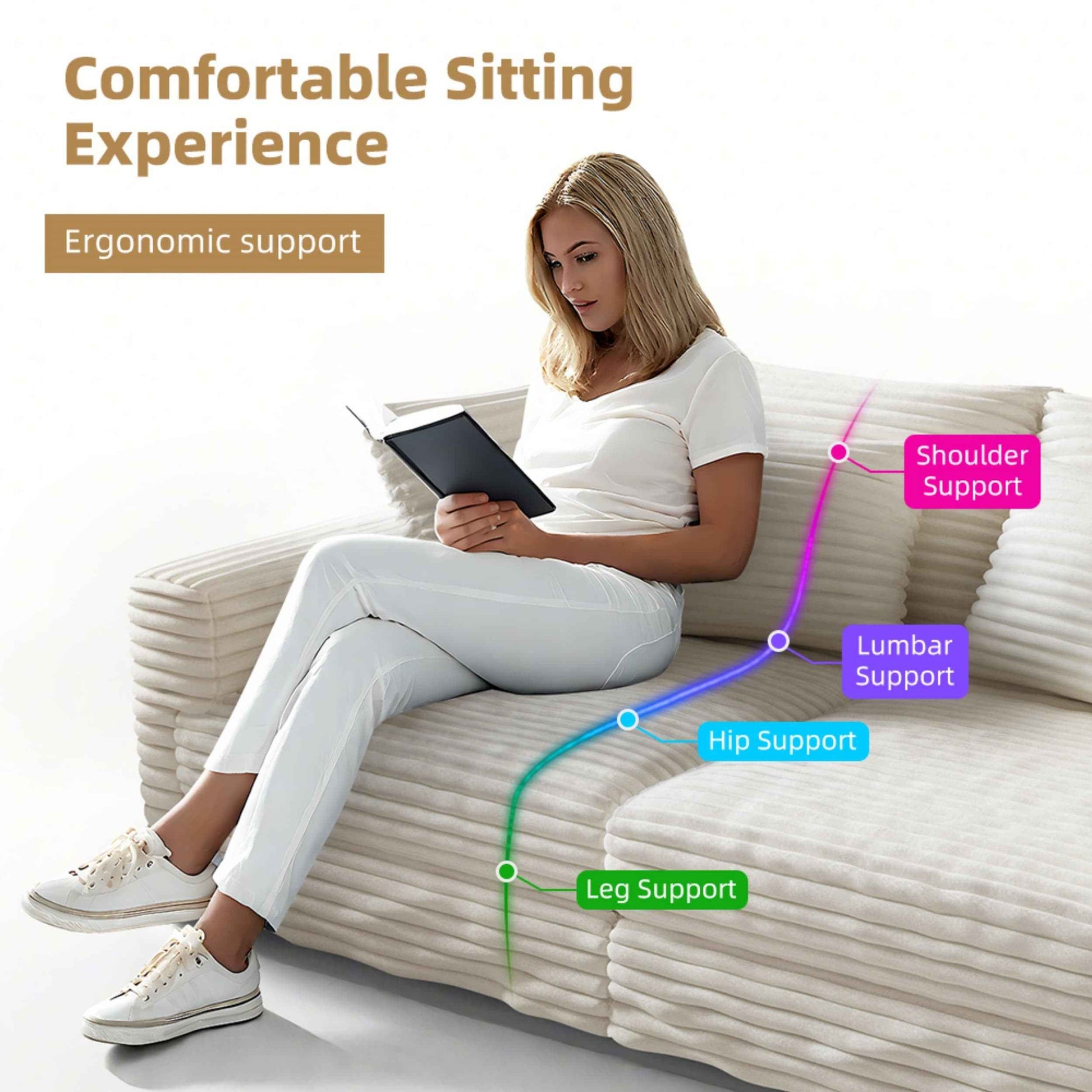 102.4 ' Plush Corduroy 4-Seat Sofa,Modern Comfy Upholstered Sofa Cloud Couch,Deep Seat Couches with Soft Pillows,Convertible Deep Seat Sofa Lounge Chair for Living Room Bedroom,Apartment,Office,Beige