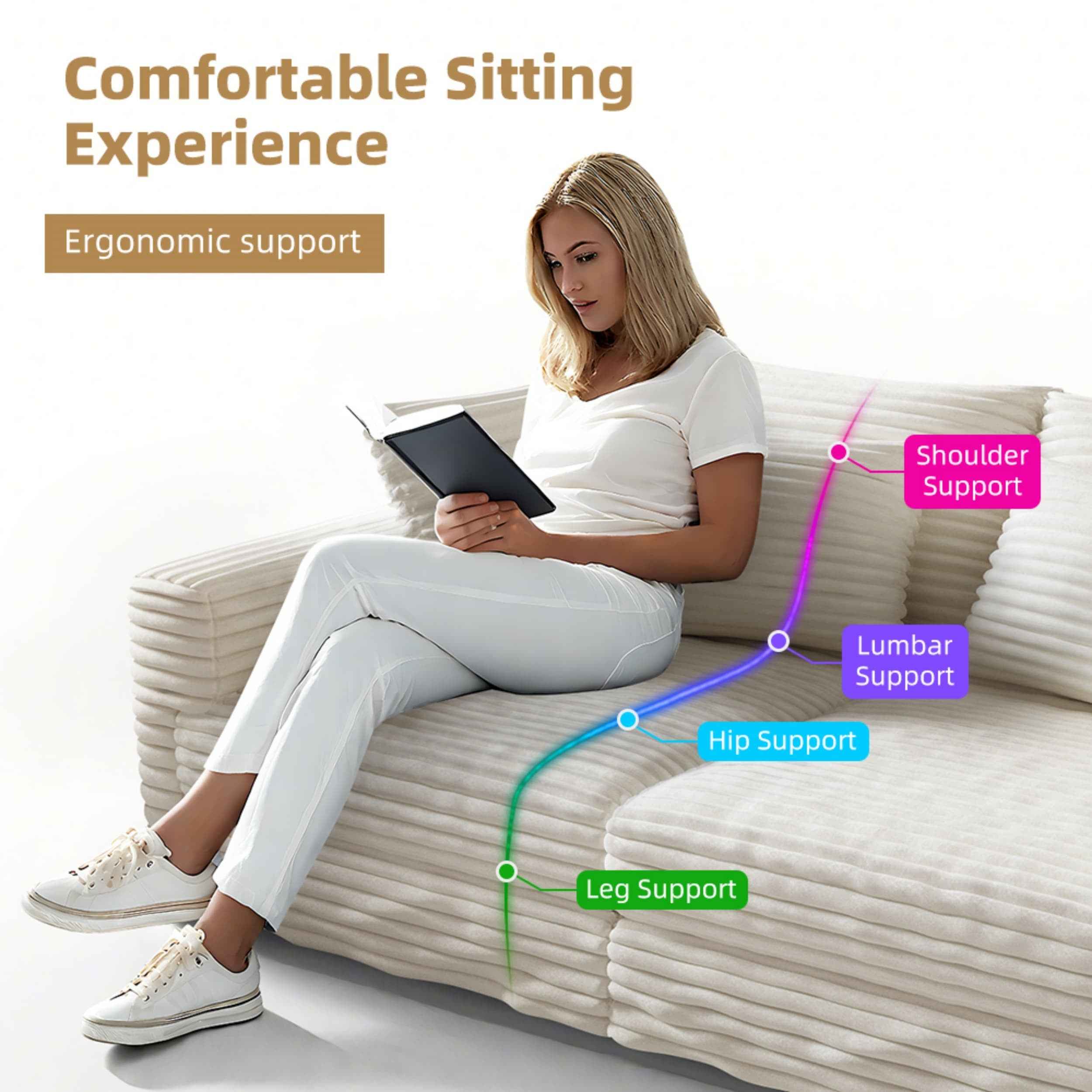 102.4 ' Plush Corduroy 4-Seat Sofa,Modern Comfy Upholstered Sofa Cloud Couch,Deep Seat Couches with Soft Pillows,Convertible Deep Seat Sofa Lounge Chair for Living Room Bedroom,Apartment,Office,Beige