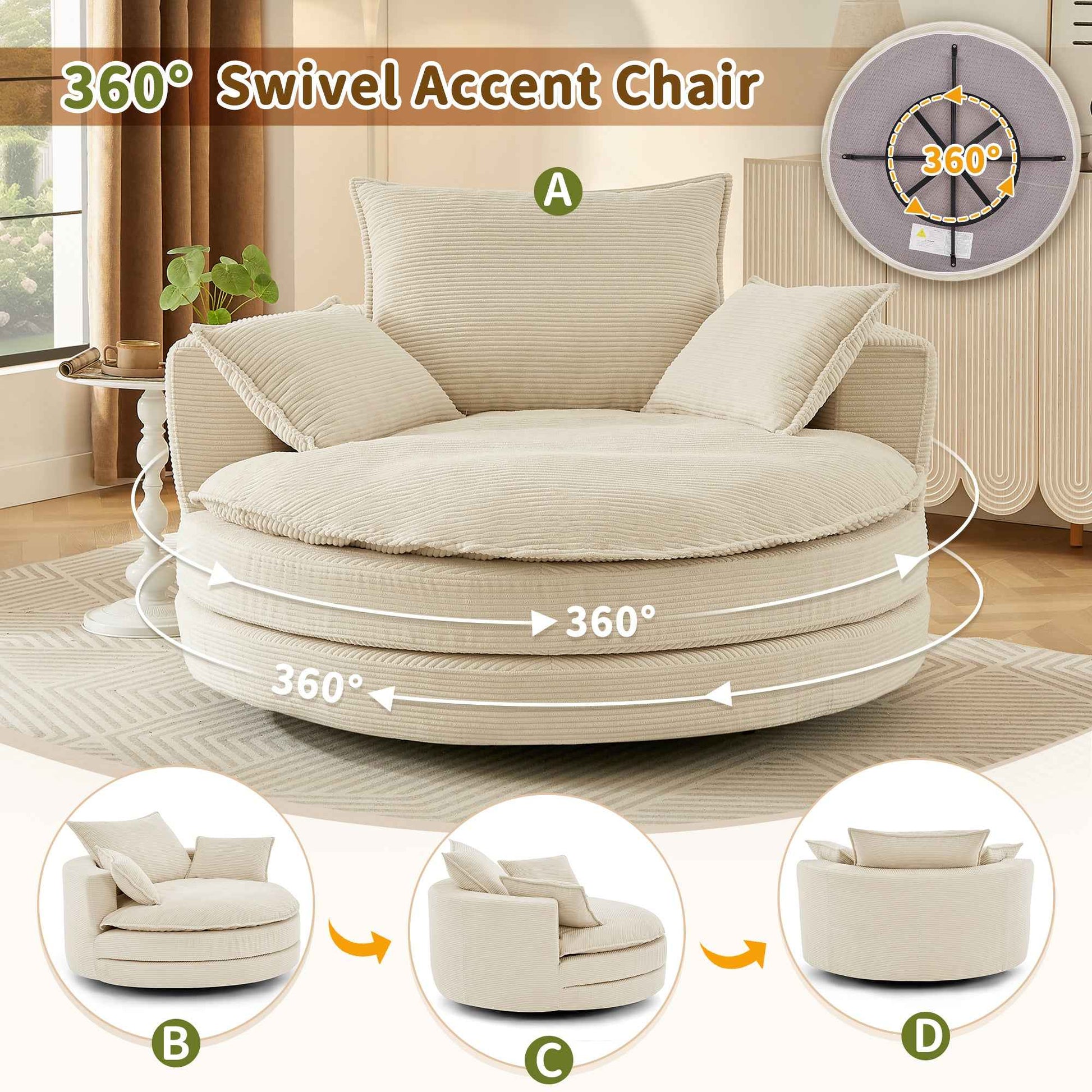 Accent Barrel Chair 360° Swivel Sofa Chair with Dual-layer Cushion and 3 Removable Pillows, Beige Corduroy, 57.5'