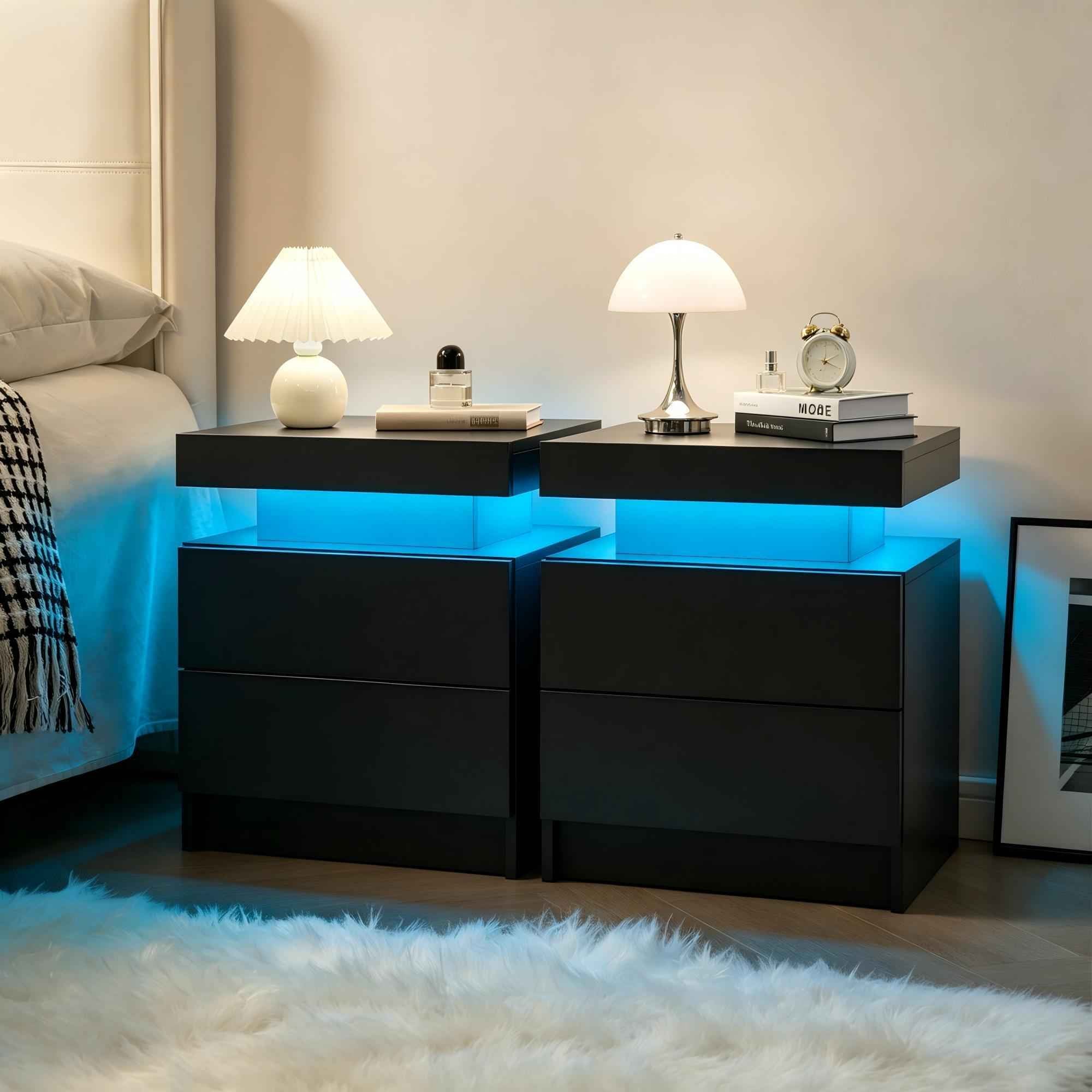 LED Nightstands Set of 2, Bedside Table Cabinet Lights Modern End Side with 2 Drawers for Bedroom (Black)