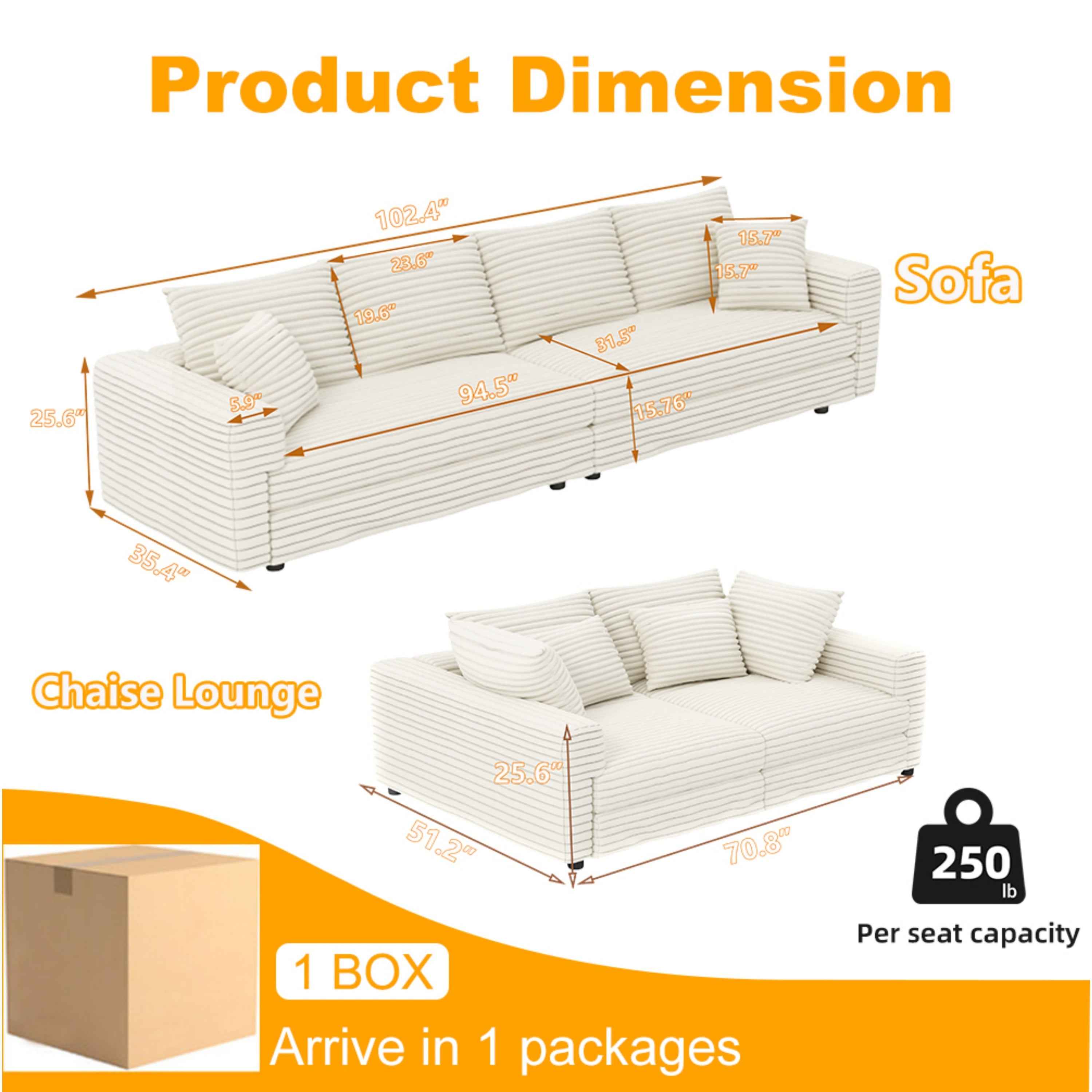 102.4 ' Plush Corduroy 4-Seat Sofa,Modern Comfy Upholstered Sofa Cloud Couch,Deep Seat Couches with Soft Pillows,Convertible Deep Seat Sofa Lounge Chair for Living Room Bedroom,Apartment,Office,Beige