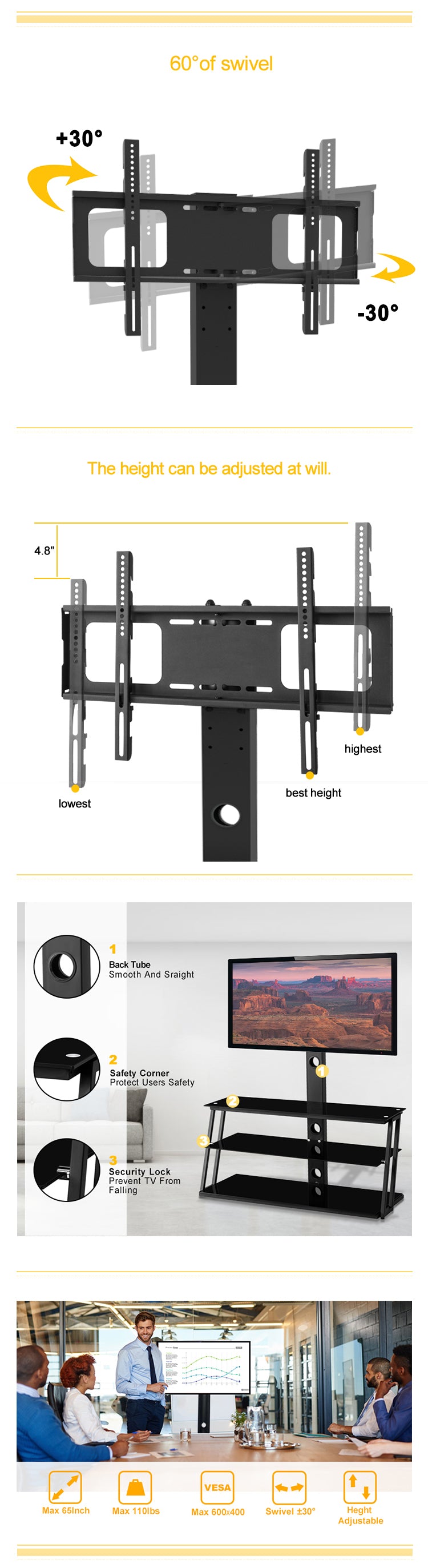 Black Multi-Function Angle And Height Adjustable Tempered Glass  TV Stand - Abrihome