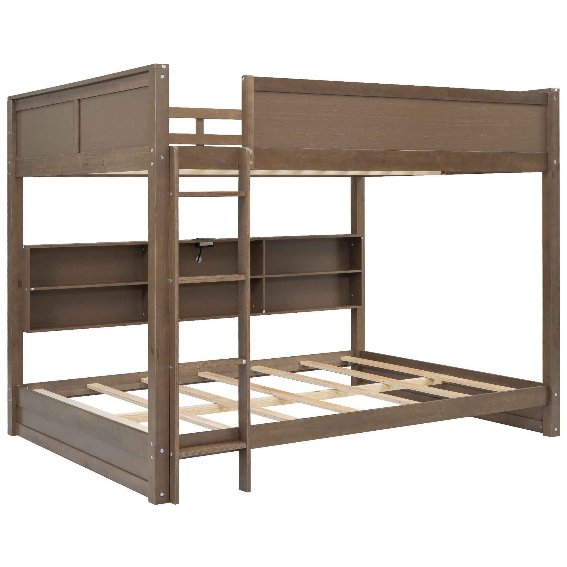 Queen over Queen Bunk Bed with Storage Cabinets and USB Ports in Antique Wood Color, Solid Pine Wood+MDF