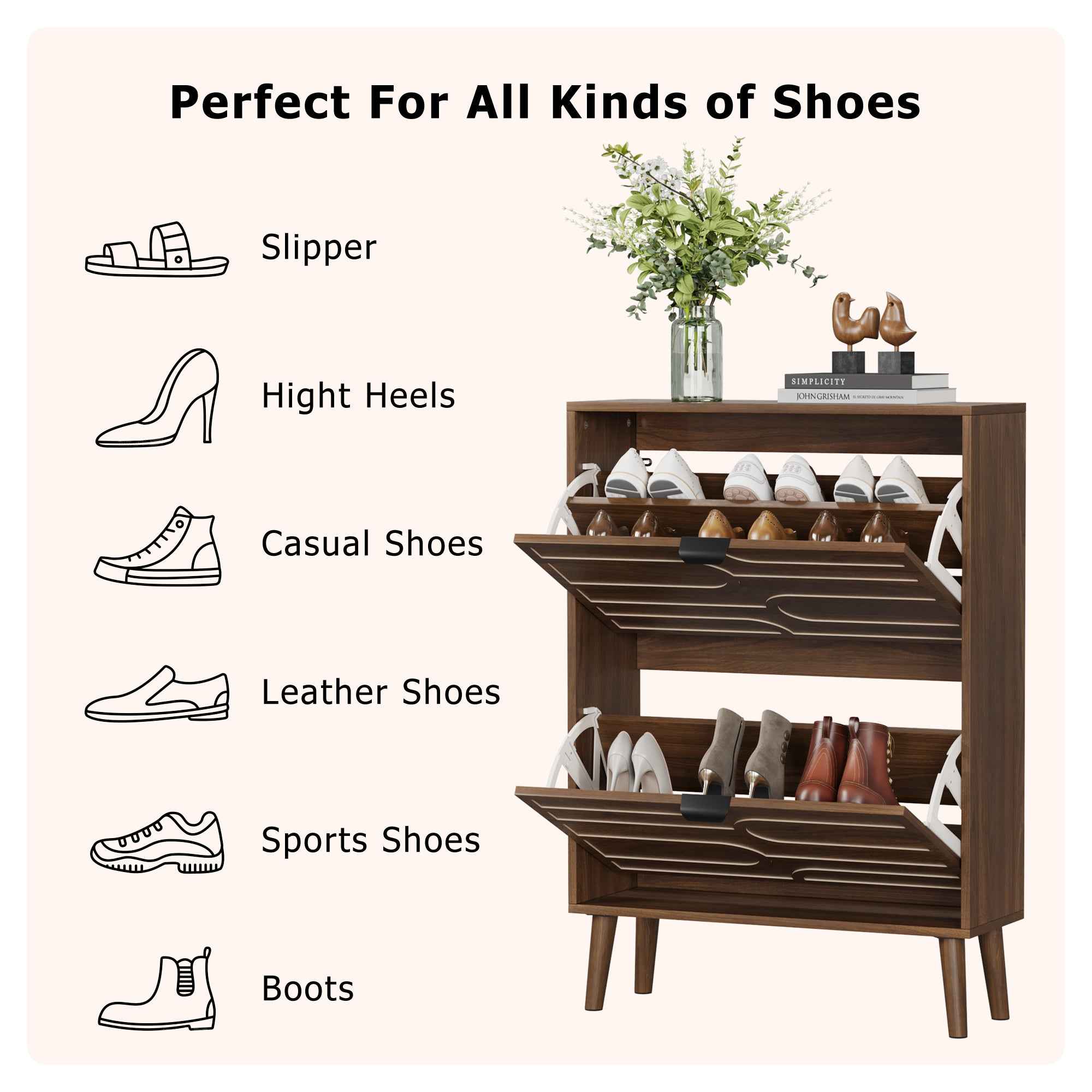 Medieval Modern Independent Shoe Cabinet, 23.62-inch Walnut Shoe Storage Cabinet,, Fence Shoe Cabinet with 2 Flip Drawers, Suitable For Corridors And Entrances