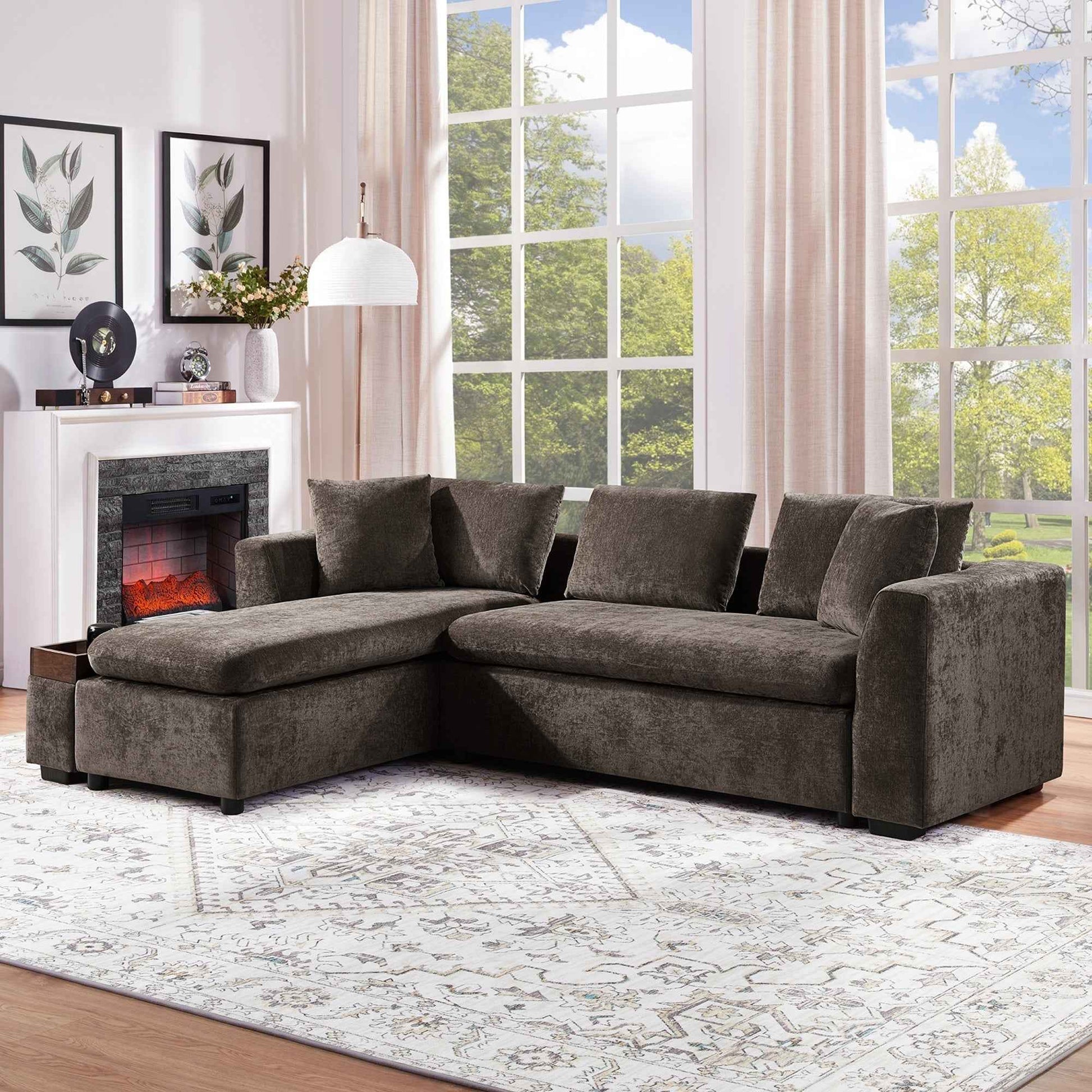Elegant L-Shaped Sectional Sofa with Chenille Upholstery and Wooden Storage Compartment, Brown