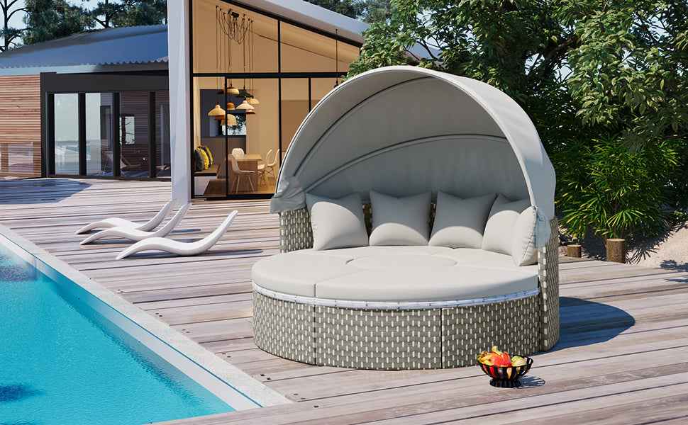 TOPMAX Patio Furniture Round Outdoor Sectional Sofa Set Rattan Daybed Two-Tone Weave Sunbed with Retractable Canopy, Separate Seating and Removable Cushion, Gray