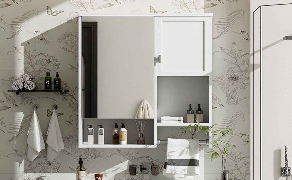 29'' x 28'' Modern Wall Mounted Bathroom Medicine Cabinet, Bathroom Wall Storage Cabinet with Mirror, Over the Toilet Space Saver Cabinet with Towels Bar