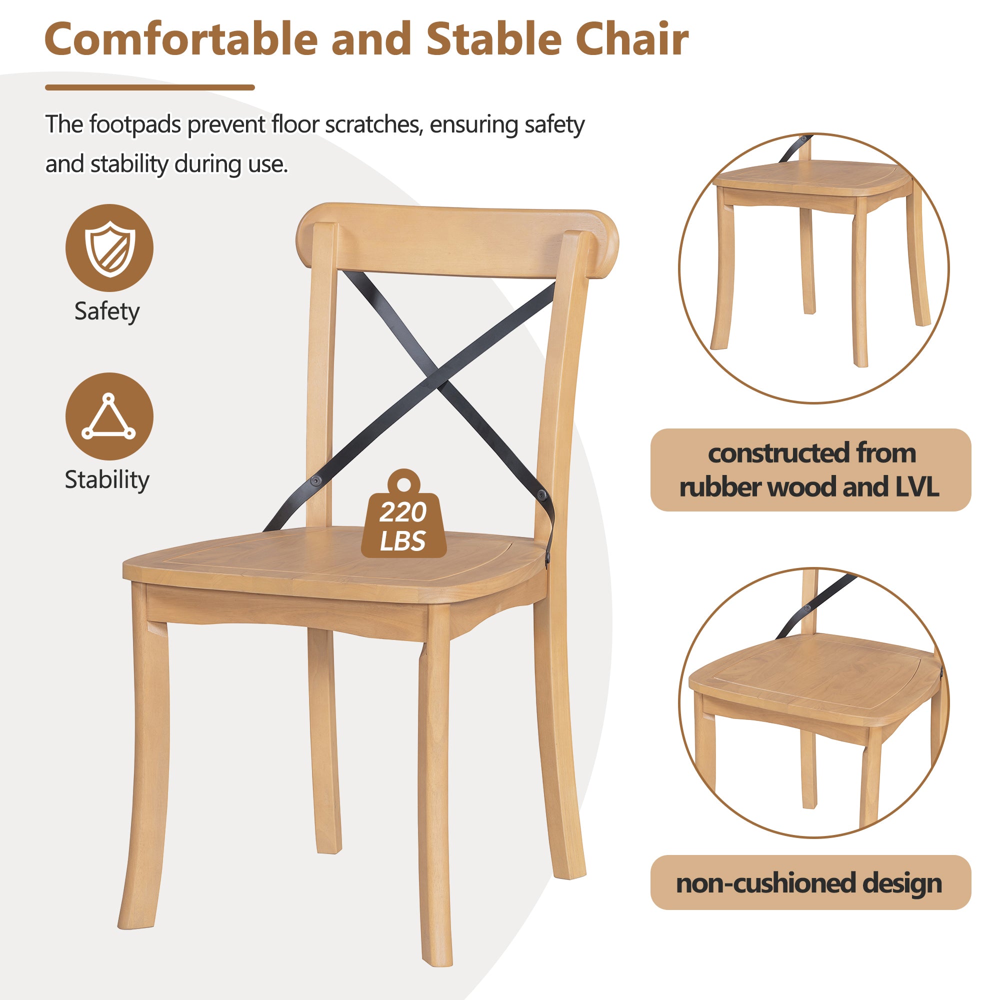 TREXM 5-piece Dining Set, Retro Simple Round Table and 4 Chairs with X-shaped Backrest for Kitchen, Dining Room and Living Room (Natural)