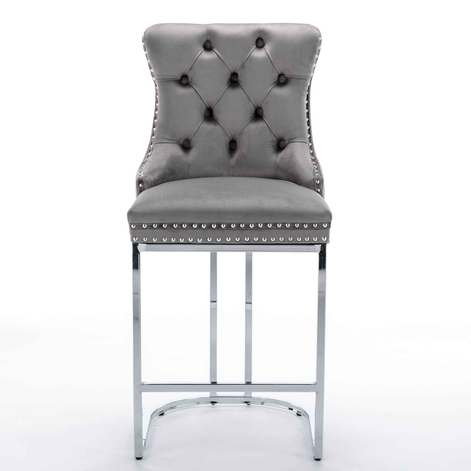 26' Counter Height Bar Stools Set of 2, Modern Velvet Barstools with Button Back&Rivet Trim Upholstered Kitchen Island Chairs with Sturdy Chromed Metal Base Legs Farmhouse Bar Stools, (Gray,2 Pack)