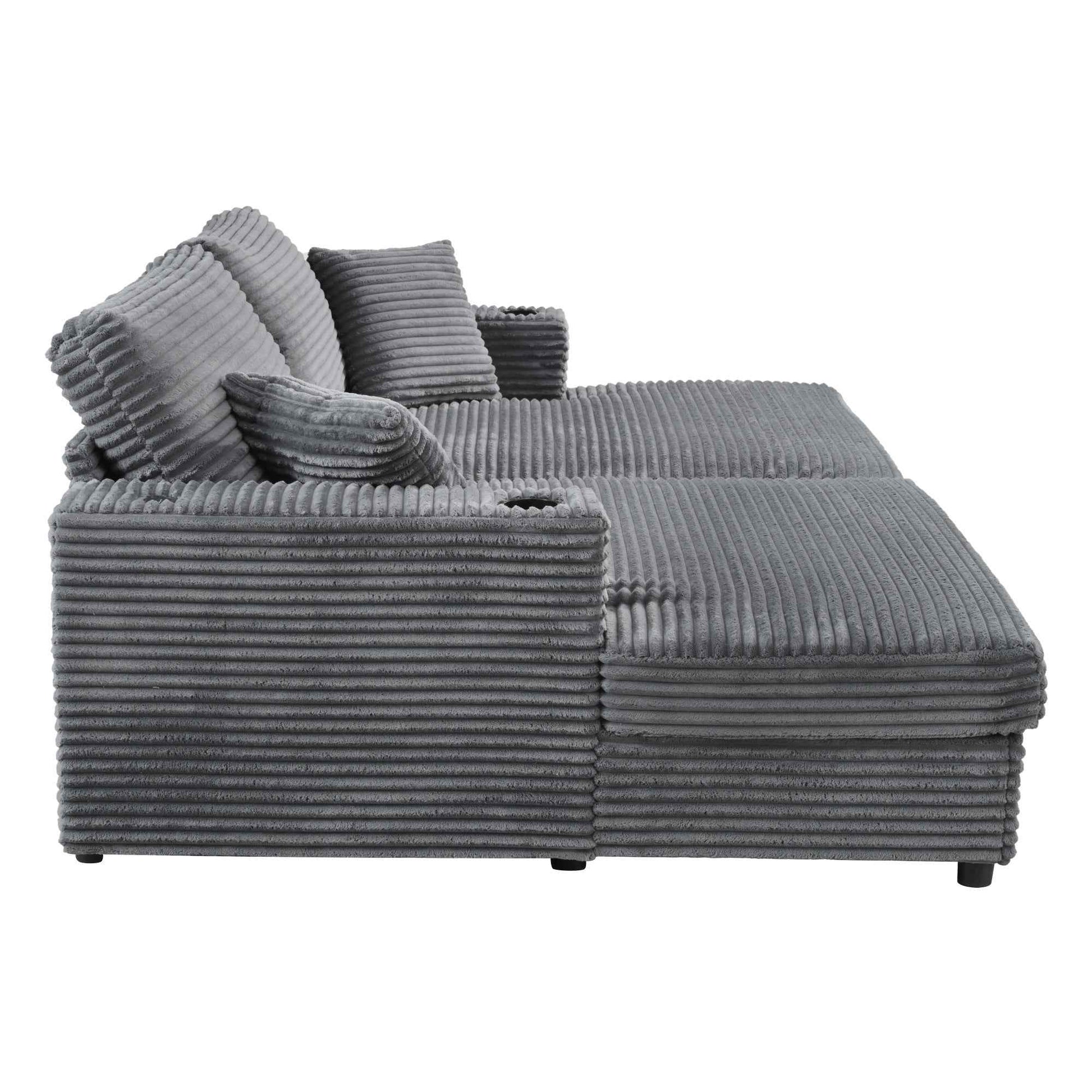Oversized Loveseat Chaise Lounge Sectional Sofa Bed with USB Ports, Cup Holders, Throw Pillows, Dark Gray Corduroy, 86.5'