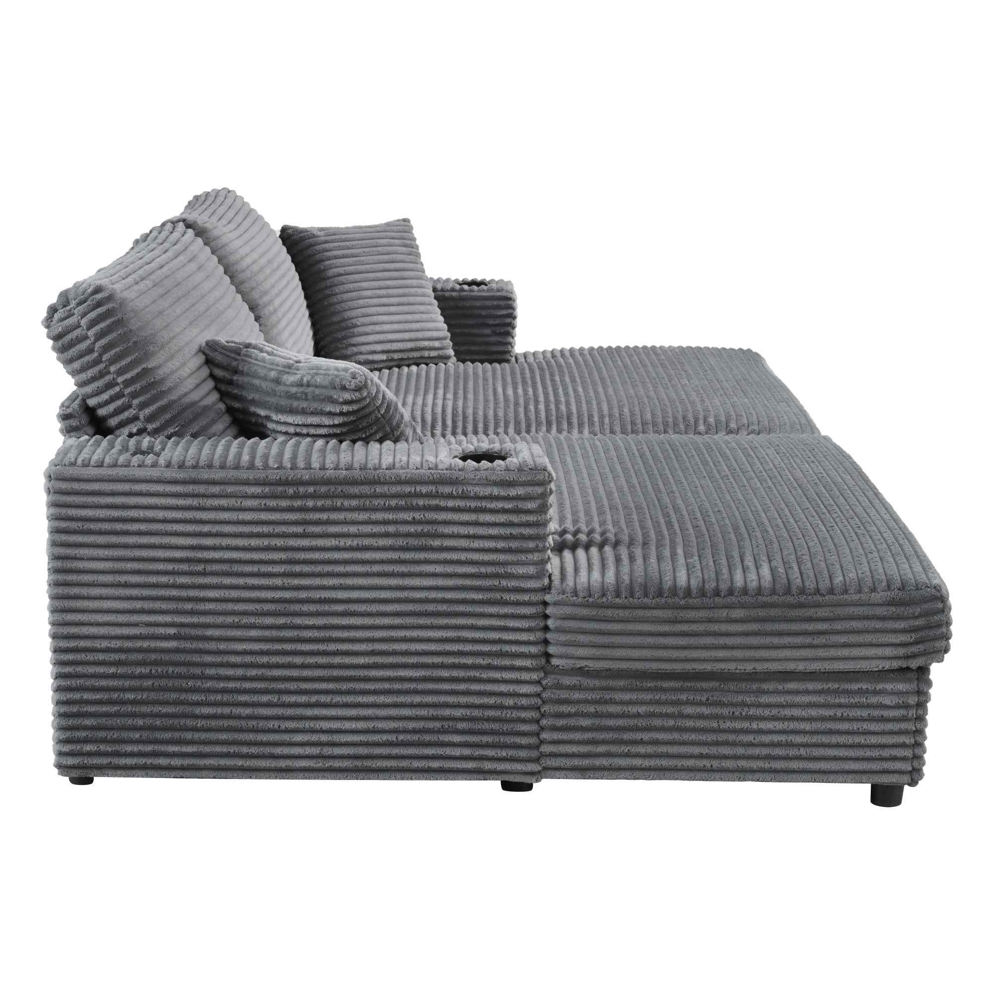 Oversized Loveseat Chaise Lounge Sectional Sofa Bed with USB Ports, Cup Holders, Throw Pillows, Dark Gray Corduroy, 86.5'