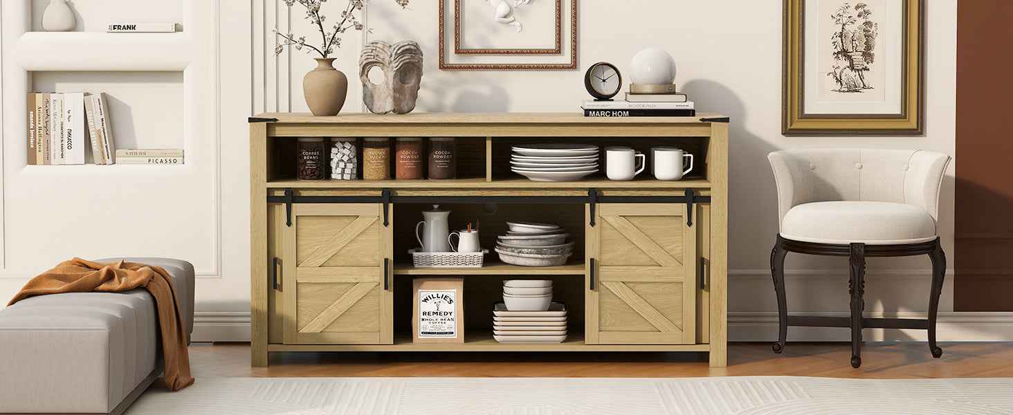 U_STYLE 59.3''Sideboard with Sliding Barn Door and Mesh Panels,Farmhouse Buffet with Open Storage,Suitable for Living Room, Hallway, Balcony,Kitchen, Office