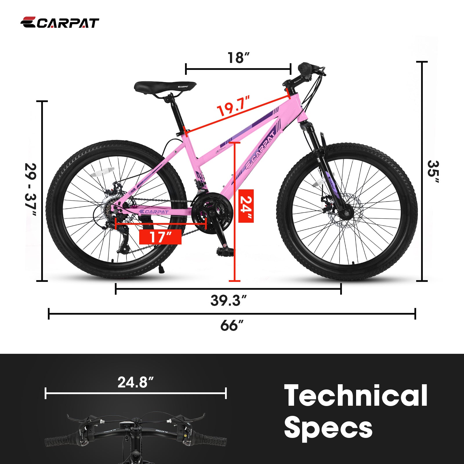 S24103  24 inch Mountain Bike for Teenagers Girls Women, Shimano 21 Speeds with Dual Disc Brakes and 100mm Front Suspension, White/Pink