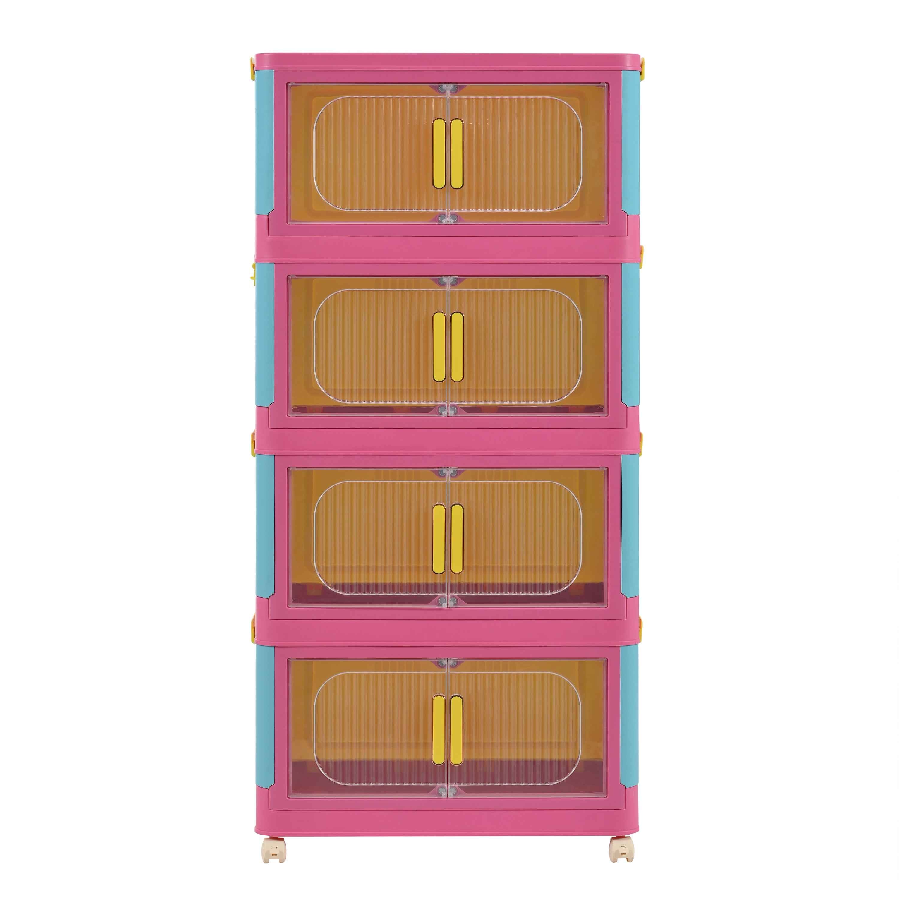 Happy Color, 20' Side Wide Folding Storage Cabinet ,4 Tiers,19.69'×11.81'×40.55',Collapsible Storage Bins with Magnetic Door, Plastic Storage Cabinet with Wheels
