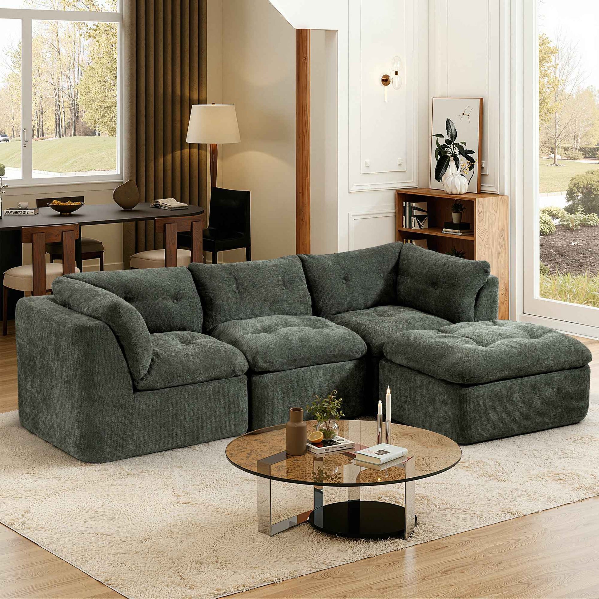 Modern Cloud-style Living Room Sofa, Deep Seat Convertible L-shaped Frame-free Sofa (with Ottoman), Oversized Comfortable 4-seater Chenille Fabric Compressed Sofa, Modular Sectional Sofa