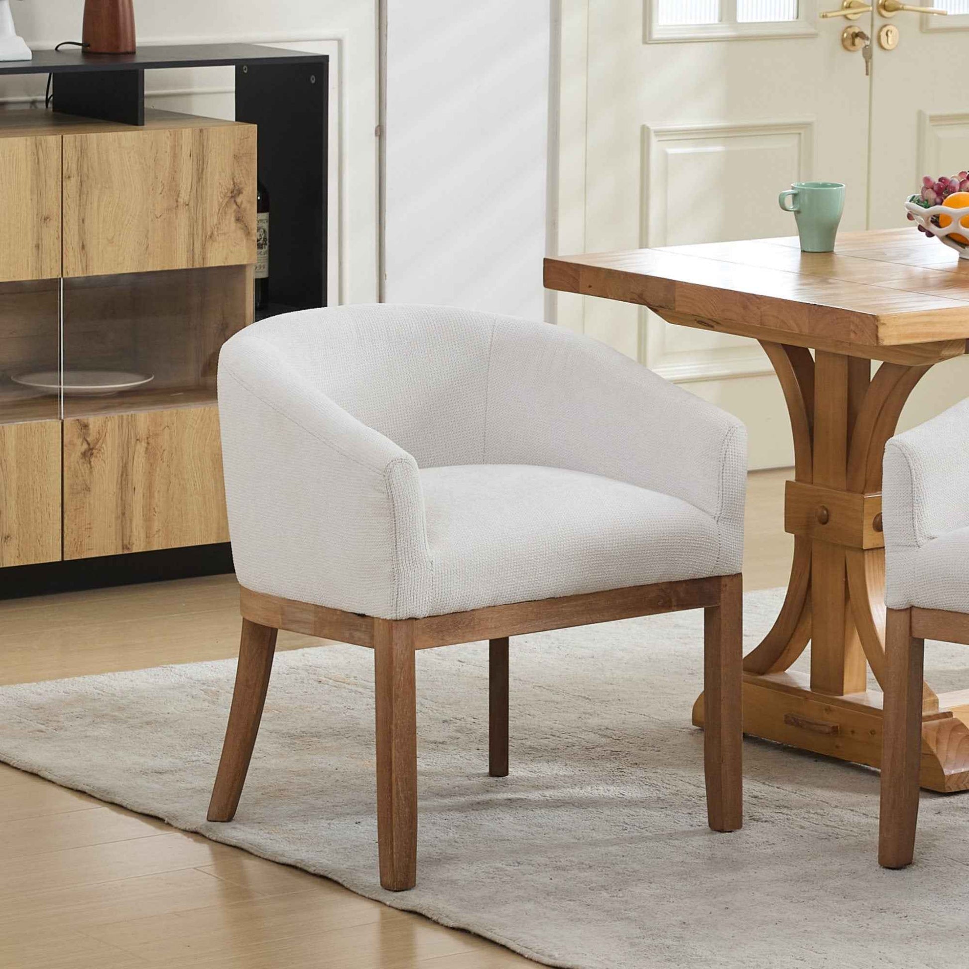 Mid Century Modern Upholstered Barrel Dining Chairs with Arms,Farmhouse Linen Kitchen & Dining Room Chairs with Natural Hardwood Frame, 19' W Accent Chairs for Living Room,Single Pack,Beige,SW1891BG