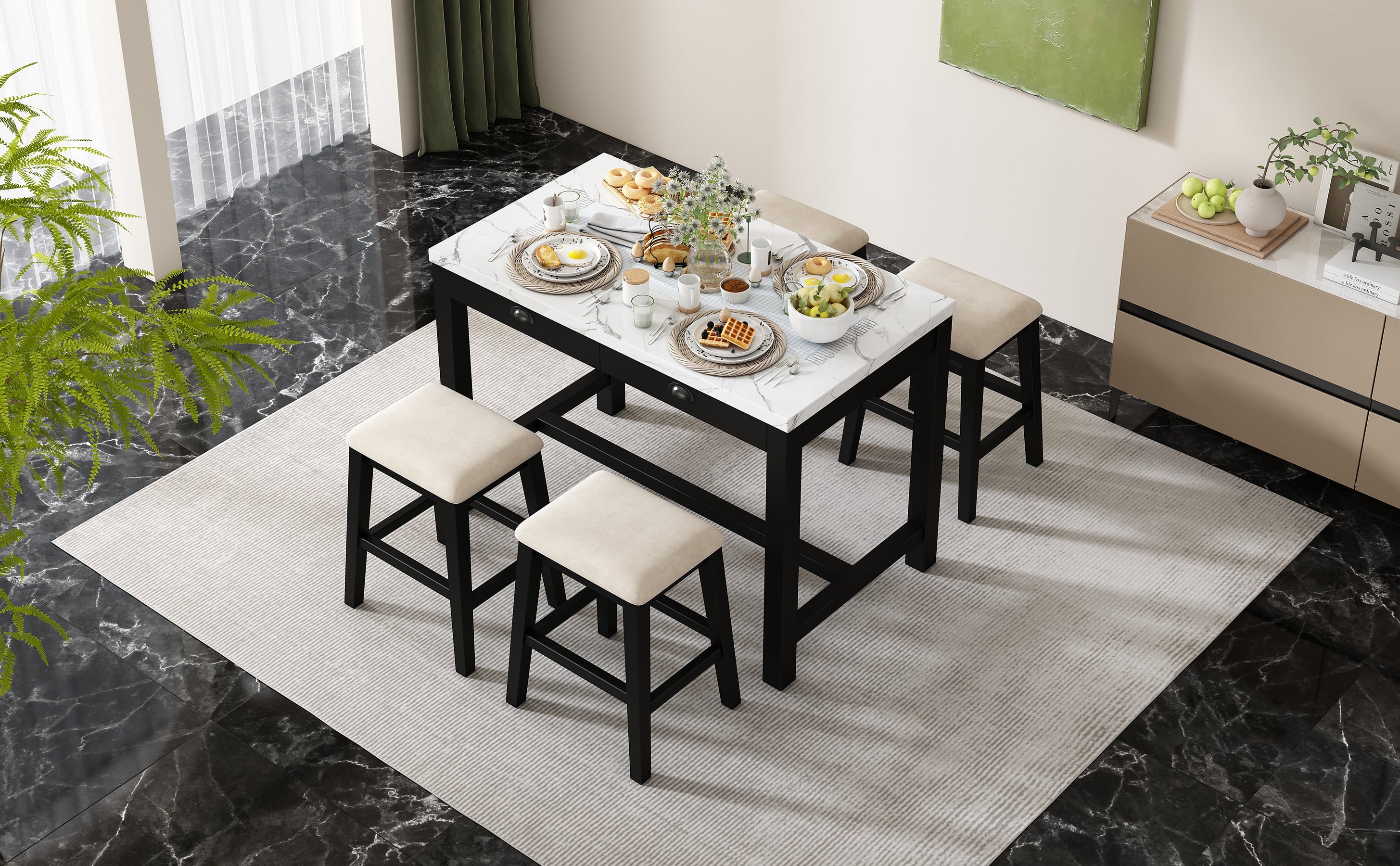 TREXM 3-Piece Modern Faux Marble Versatile Bar Table Set with Storage Drawers and Padded Stools, Ideal for Space-Saving Dining Nooks or Small Kitchens (Black)