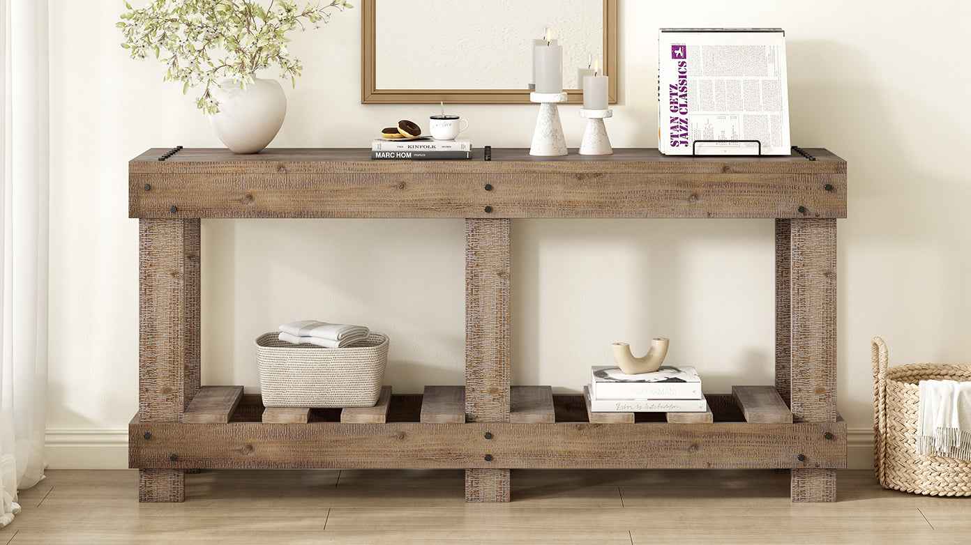 U_Style 62.9' Vintage Entryway Table - Fir Solid Wood with Natural Grain, 6 Reinforced Legs & 4.5' Thick Desktop, Metal Rivet Decor & Plank Under-Shelf, Console Table for Hallway, Living Room