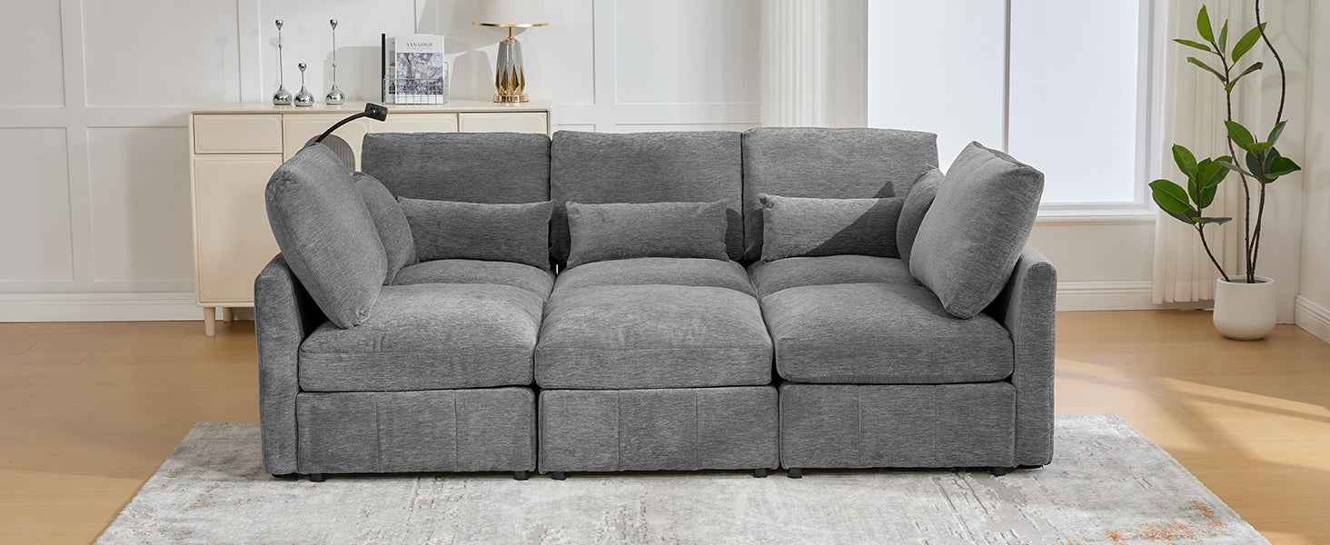 Modern Sectional Sofa Modular Sofa with Movable Ottoman, USB Ports & Phone Holder, Grey Chenille, 85.4'