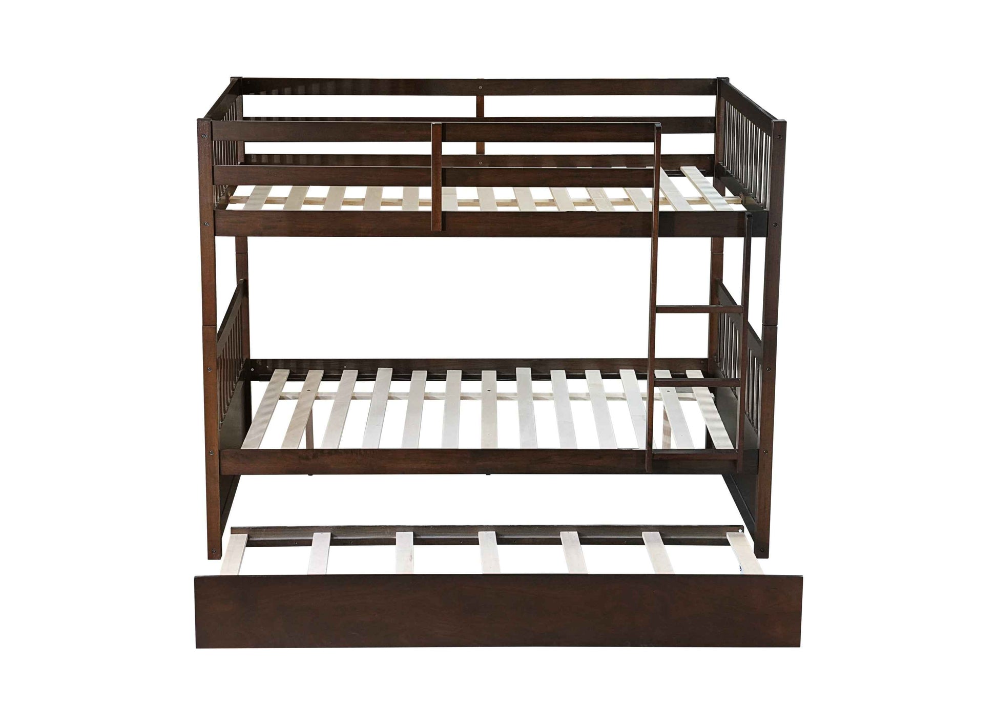 Full Over Full Rubber Wood Bunk Bed with Trundle, Ladder and Guardrails, Convertible to 2 Full Size Beds, with Twin Size Trundle ,Espresso
