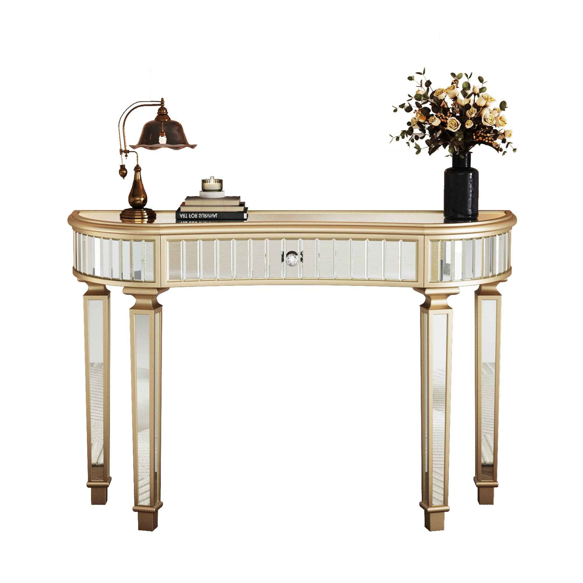 47' Half-Moon Mirrored Console Table with Fluted Glass & Crystal Knob Drawer - Silver Entryway Vanity Desk for Bedroom/Dressing Room(Gold+Sliver)