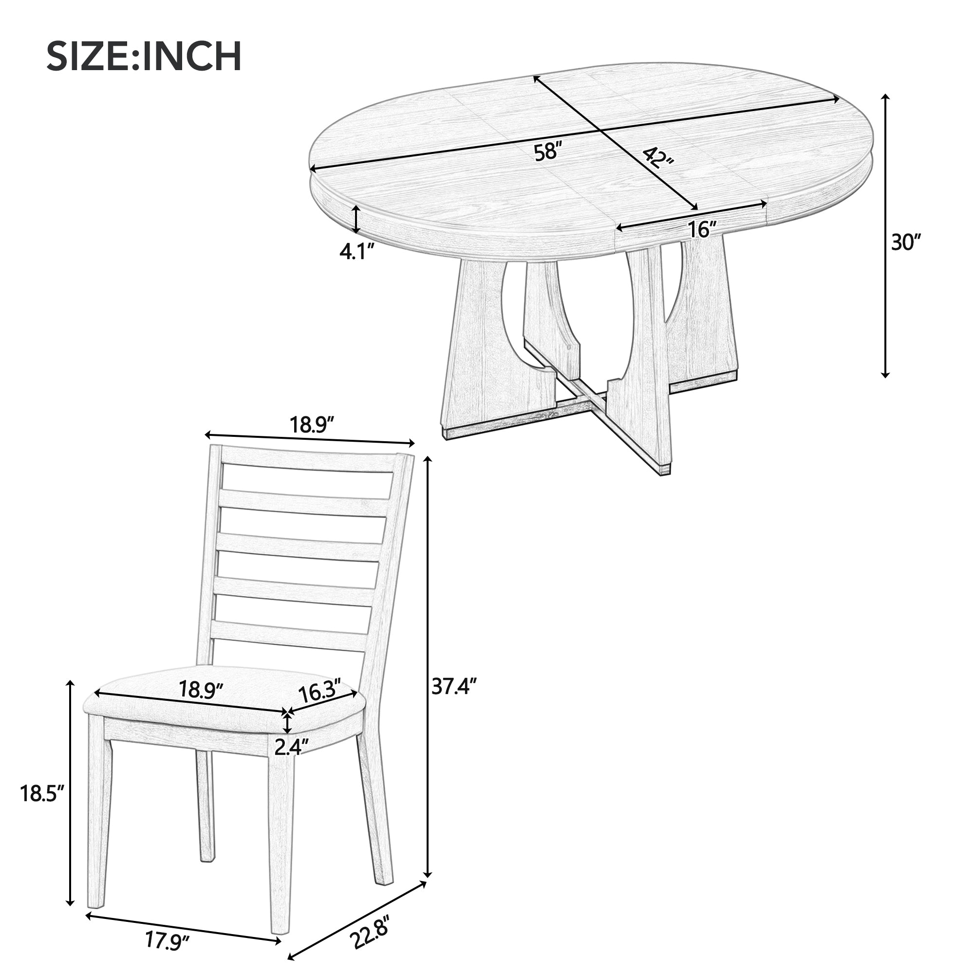 TREXM 5-Piece Retro Rustic Functional Dining Set Unique Geometric Design, 1 Extendable Table with a 16-inch Leaf and 4 Upholstered Chairs Ideal for Dining Room and Kitchen (Walnut)