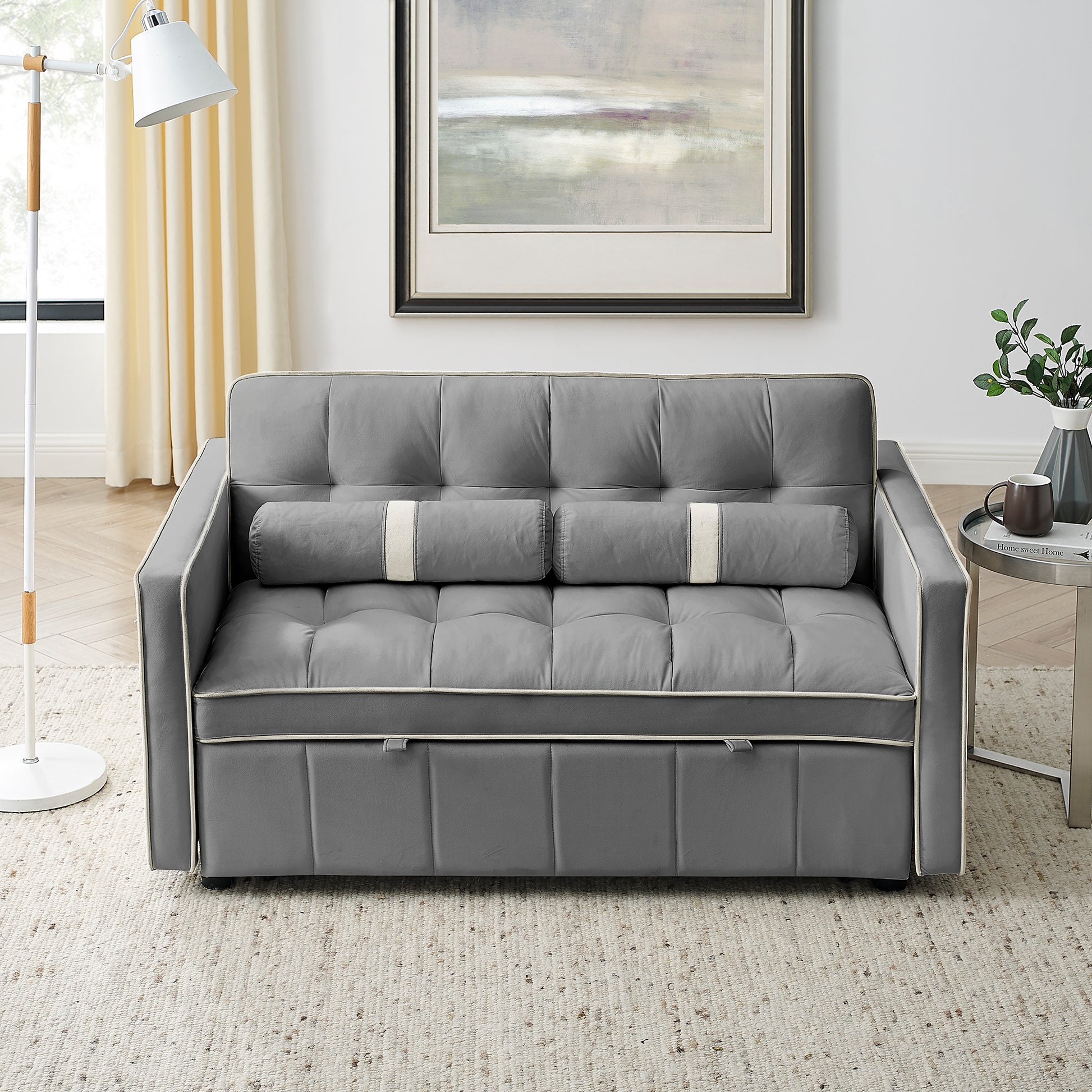 Modern 55.5' Pull Out Sleep Sofa Bed 2 Seater Loveseats Sofa Couch with side pockets, Adjsutable Backrest and Lumbar Pillows for Apartment Office Living Room - Abrihome