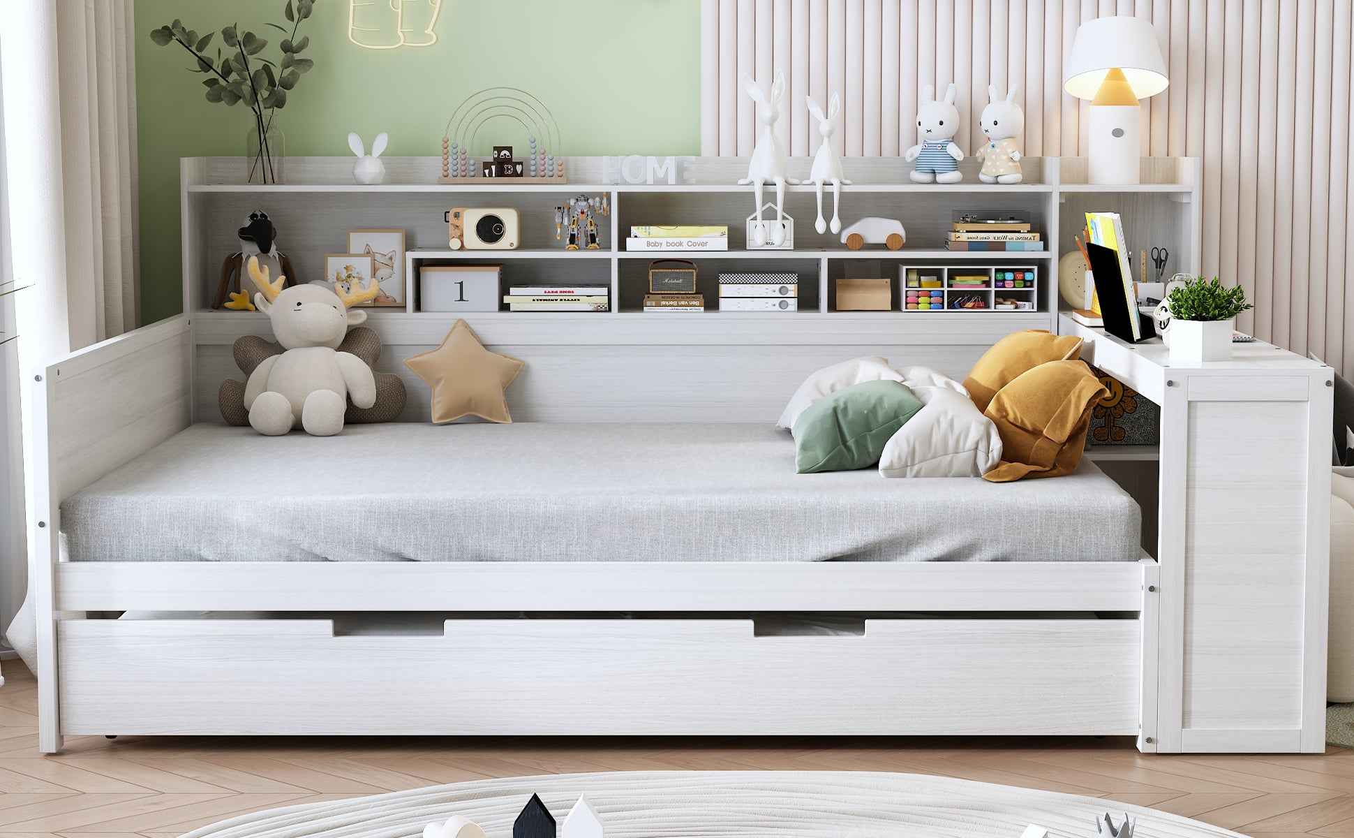 Wooden Full Size Daybed with Storage Shelves, Multi-functional Bed with Twin Size Trundle Bed and  Study Desk, Antique White